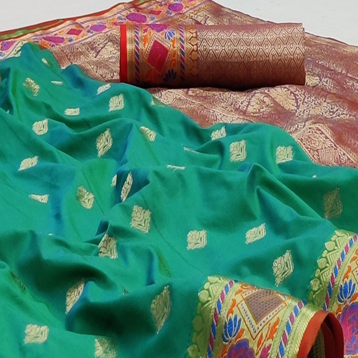 Rama Green Festive Wear Floral Woven Soft Silk Saree With Jacquard Border - Peachmode