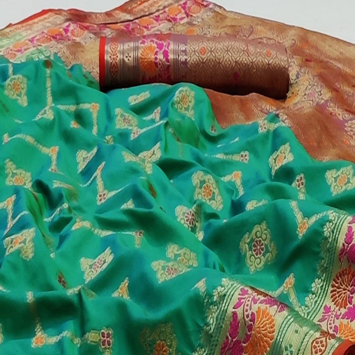 Rama Green Festive Wear Floral Woven Soft Silk Saree With Jacquard Border - Peachmode