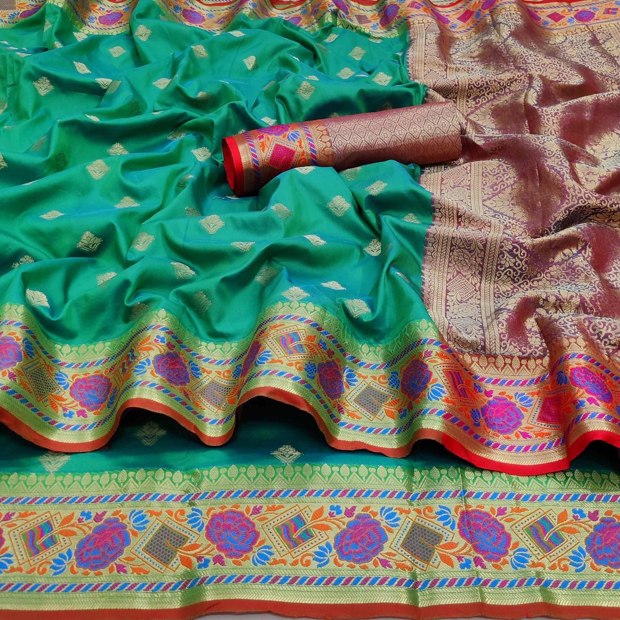 Rama Green Festive Wear Floral Woven Soft Silk Saree With Jacquard Border - Peachmode
