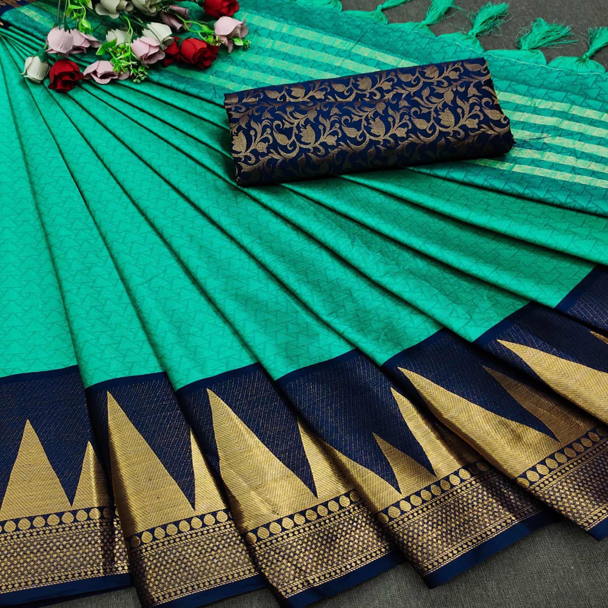 Rama Green Festive Wear Jacquard Woven Border Heavy Cotton Silk Saree - Peachmode