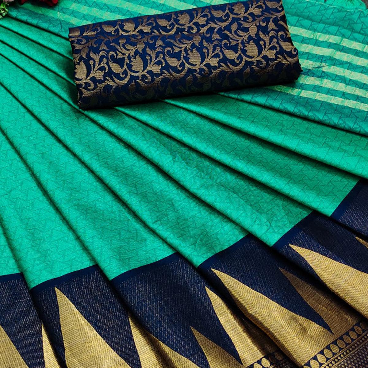 Rama Green Festive Wear Jacquard Woven Border Heavy Cotton Silk Saree - Peachmode