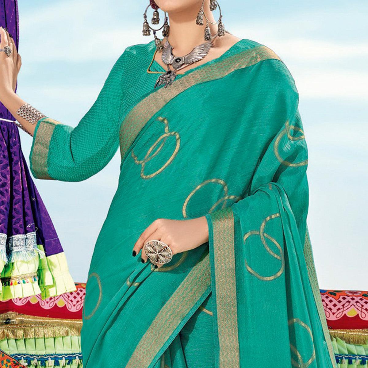 Rama Green Festive Wear Printed Brasso Saree - Peachmode