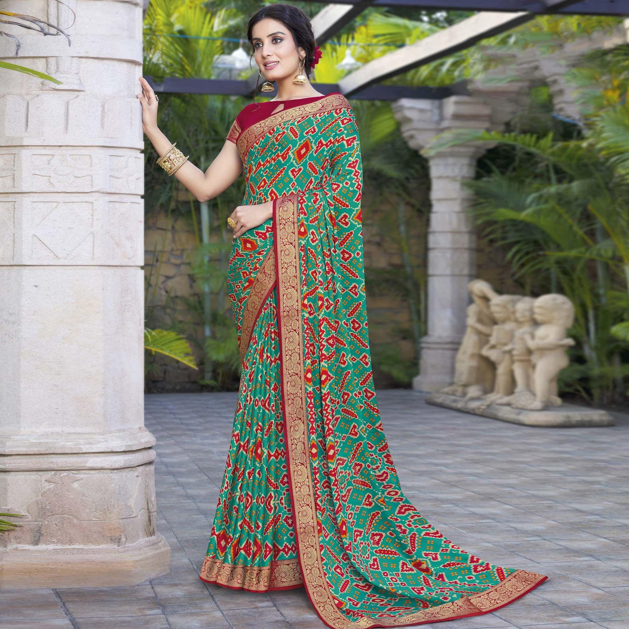 Rama Green Festive Wear Printed Chiffon Saree - Peachmode