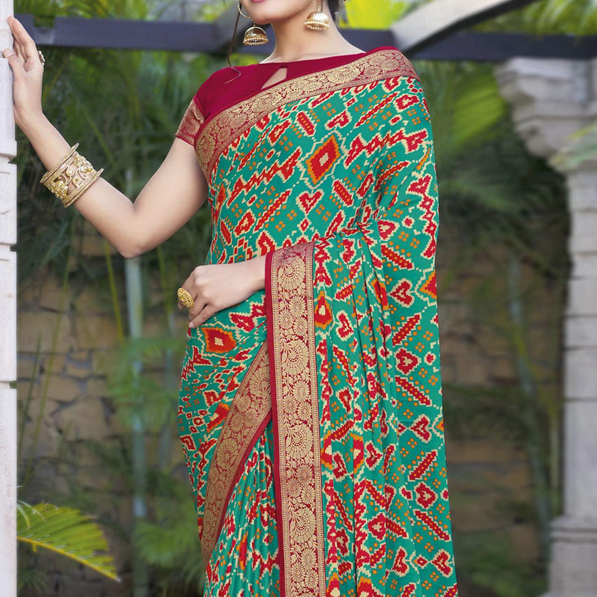 Rama Green Festive Wear Printed Chiffon Saree - Peachmode