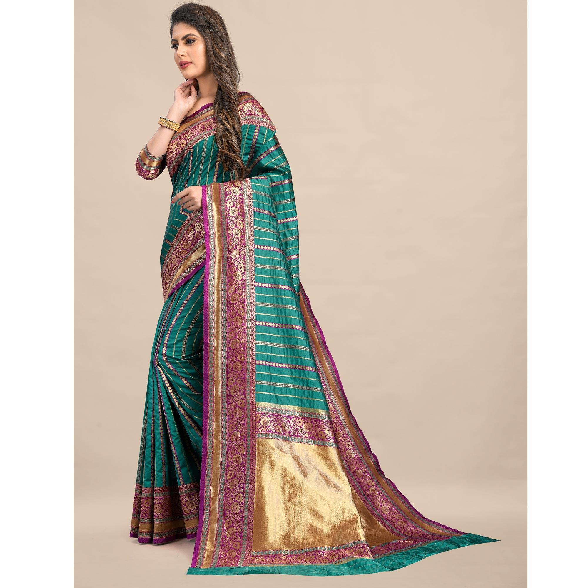 Rama-Green Festive Wear Rich Woven Border Soft Banarasi Silk Saree - Peachmode