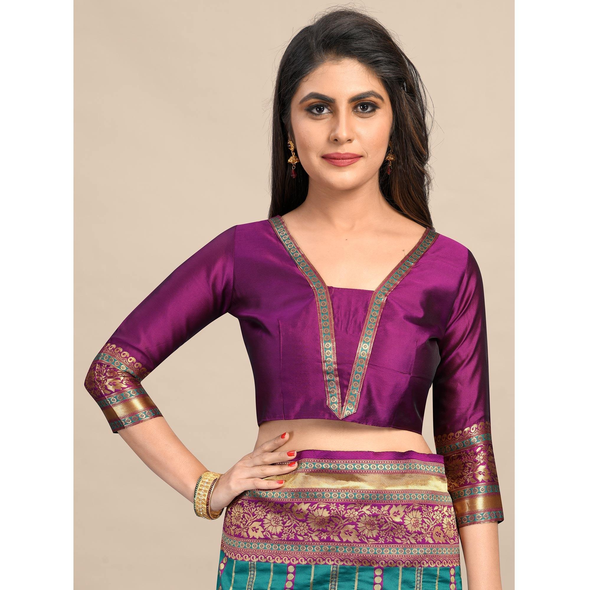 Rama-Green Festive Wear Rich Woven Border Soft Banarasi Silk Saree - Peachmode