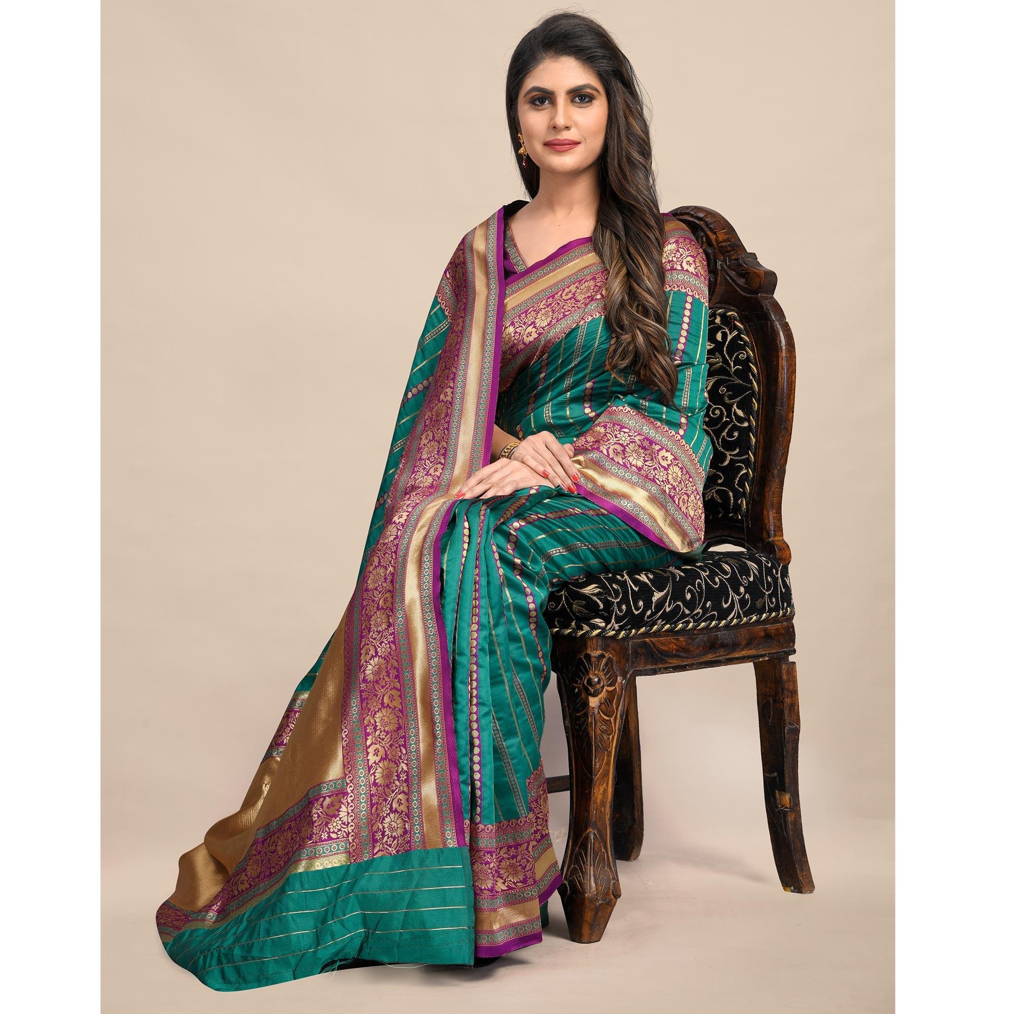 Rama-Green Festive Wear Rich Woven Border Soft Banarasi Silk Saree - Peachmode