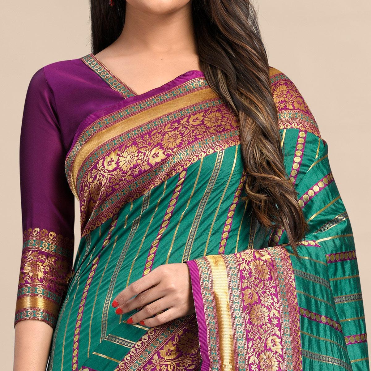 Rama-Green Festive Wear Rich Woven Border Soft Banarasi Silk Saree - Peachmode