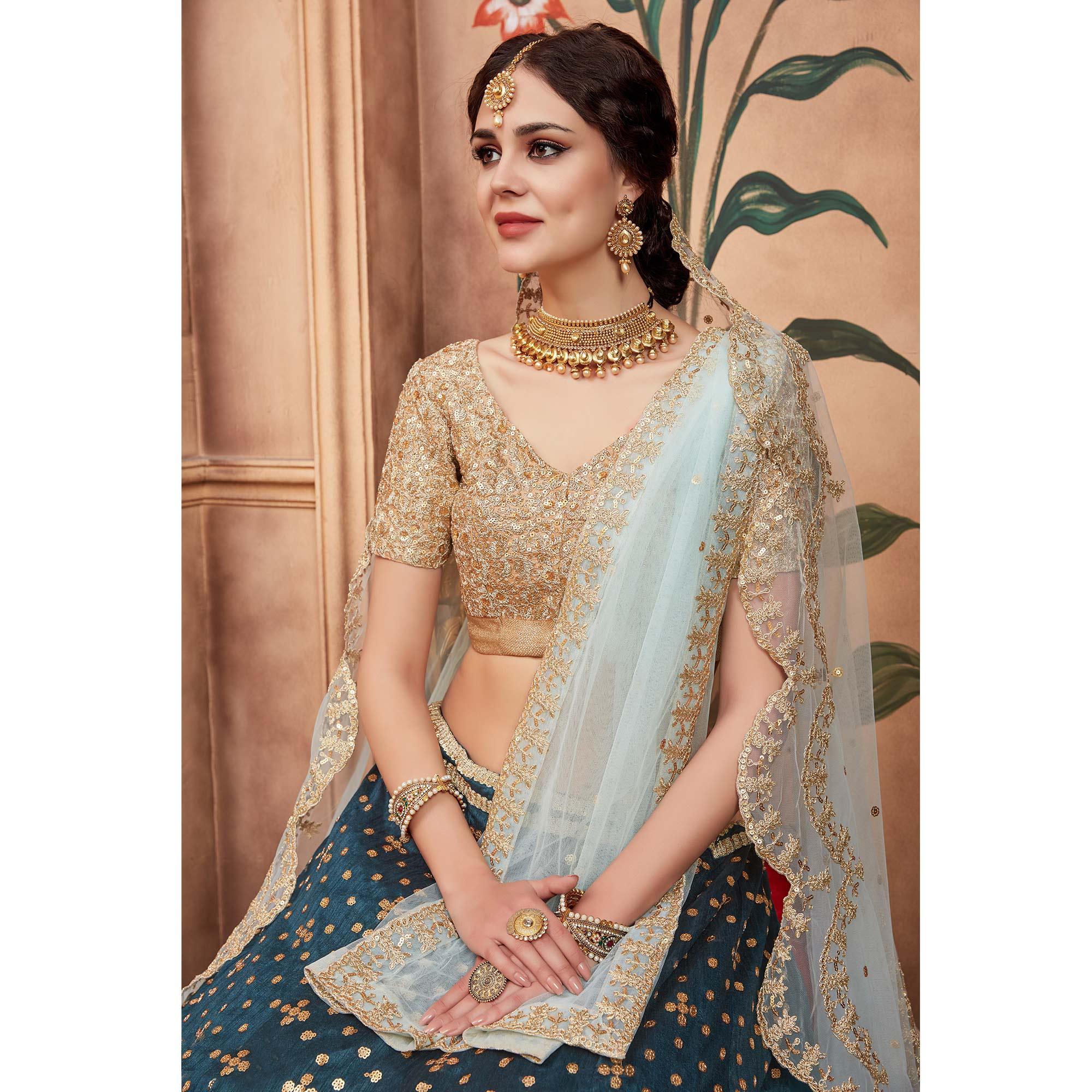 Rama Green Festive Wear Sequence Dori Cut Work Art Silk Lehenga Choli - Peachmode