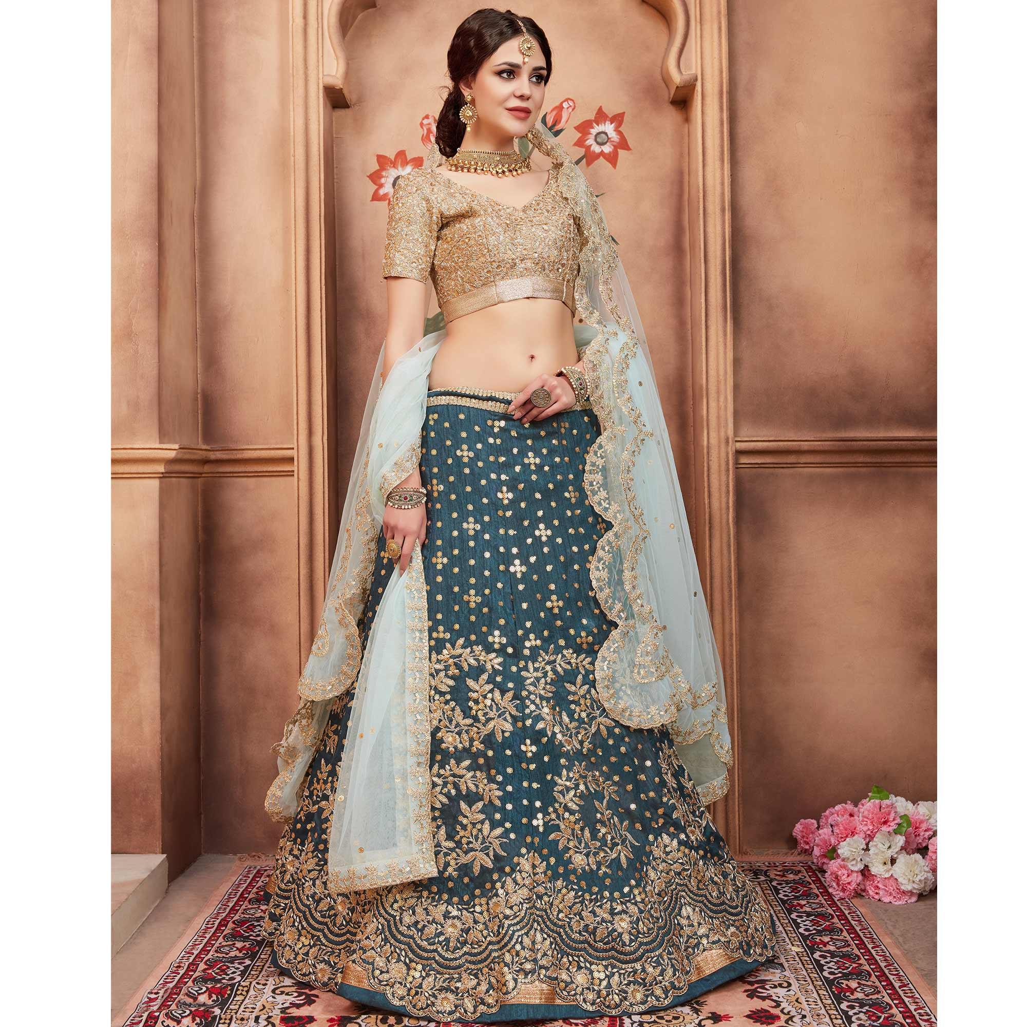 Rama Green Festive Wear Sequence Dori Cut Work Art Silk Lehenga Choli - Peachmode