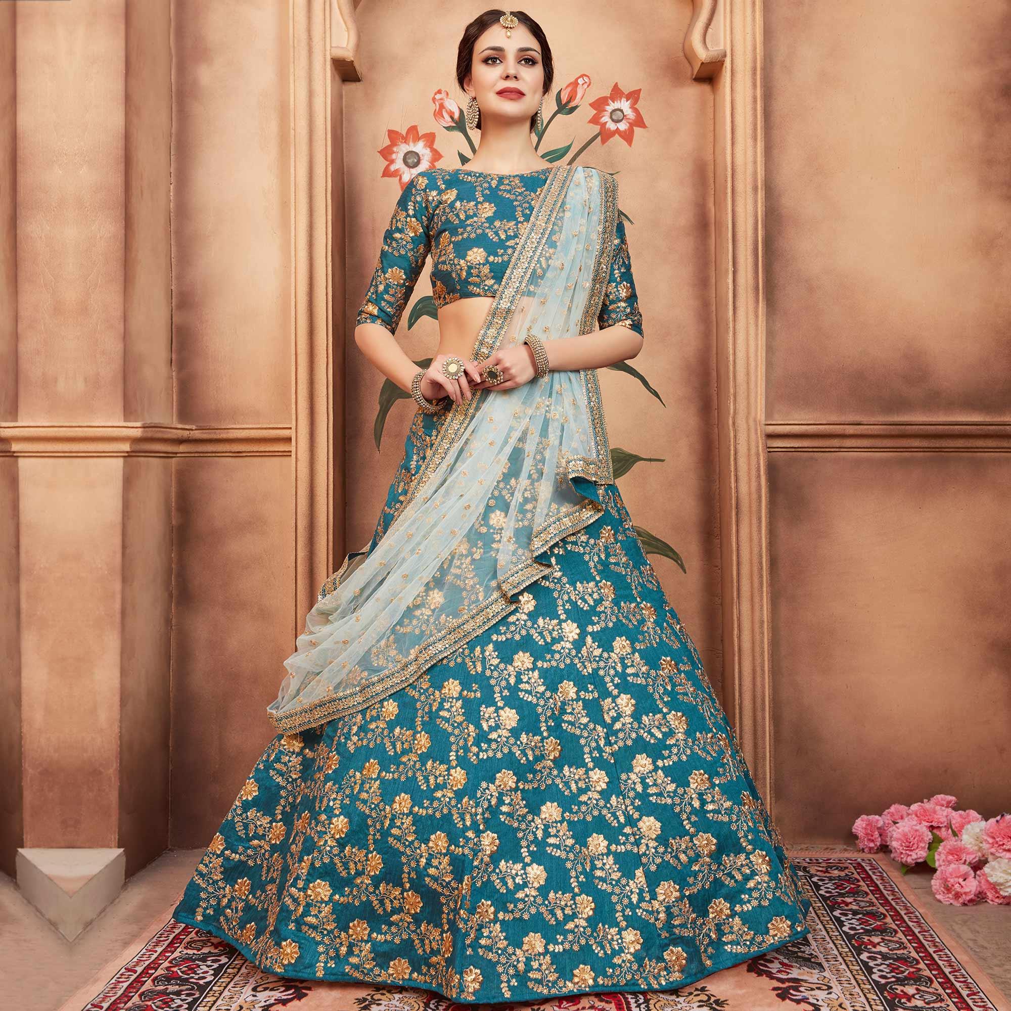 Rama Green Festive Wear Sequence Zari Work Art Silk Lehenga Choli - Peachmode