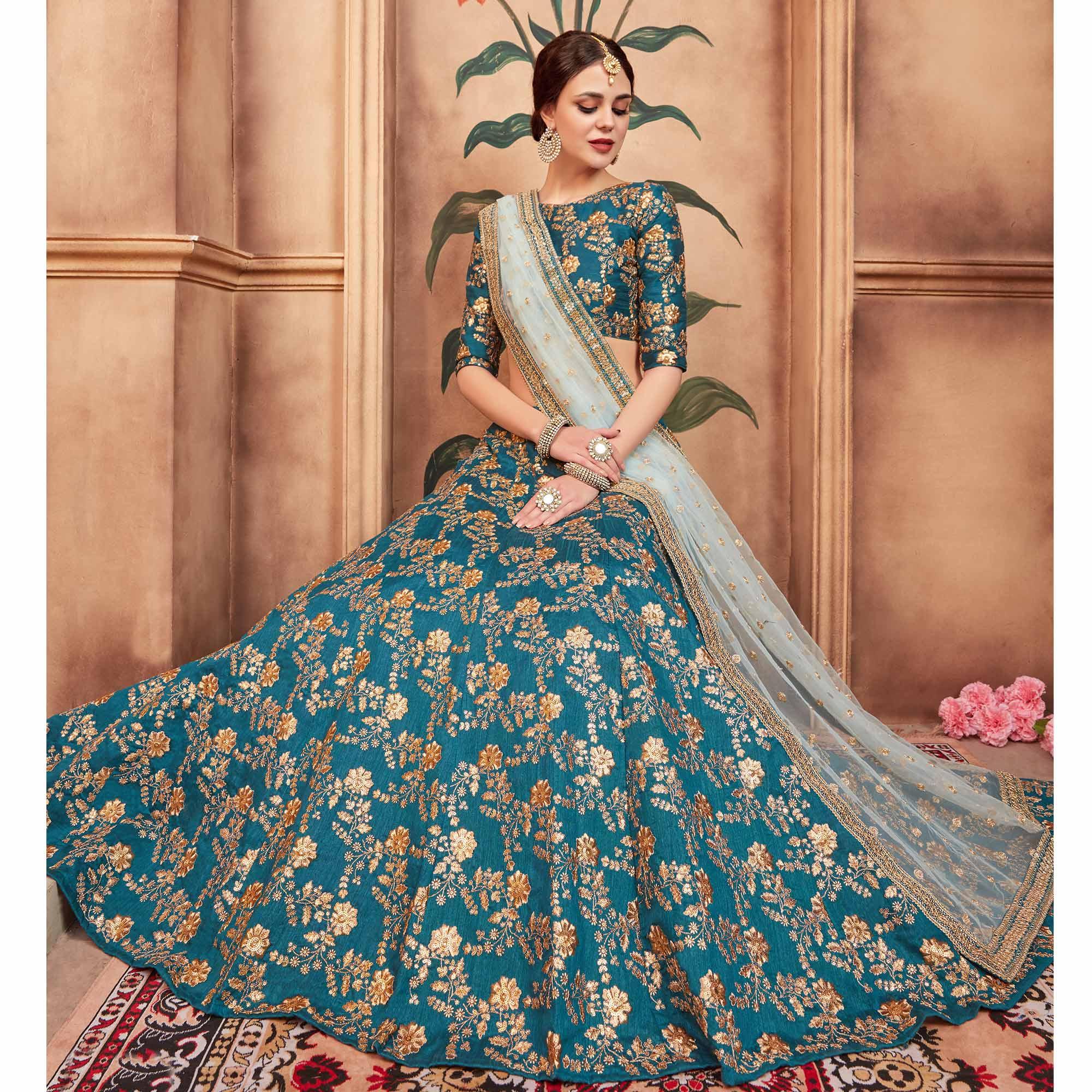Rama Green Festive Wear Sequence Zari Work Art Silk Lehenga Choli - Peachmode