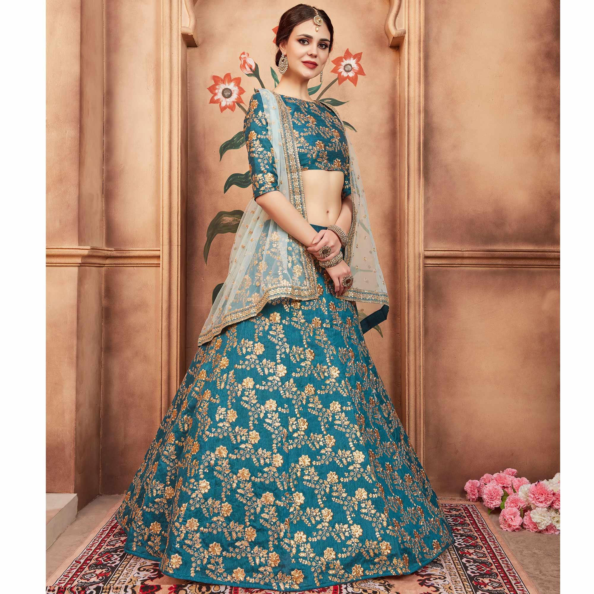 Rama Green Festive Wear Sequence Zari Work Art Silk Lehenga Choli - Peachmode