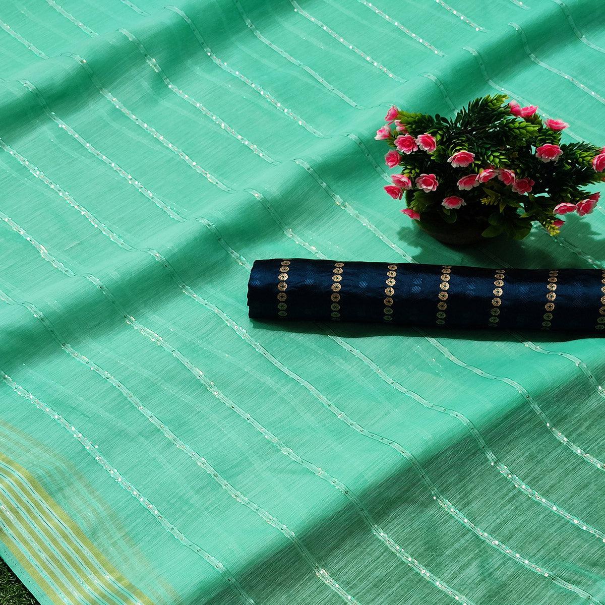 Rama Green Festive Wear Stripes With Sequence Woven Work Cotton Saree - Peachmode