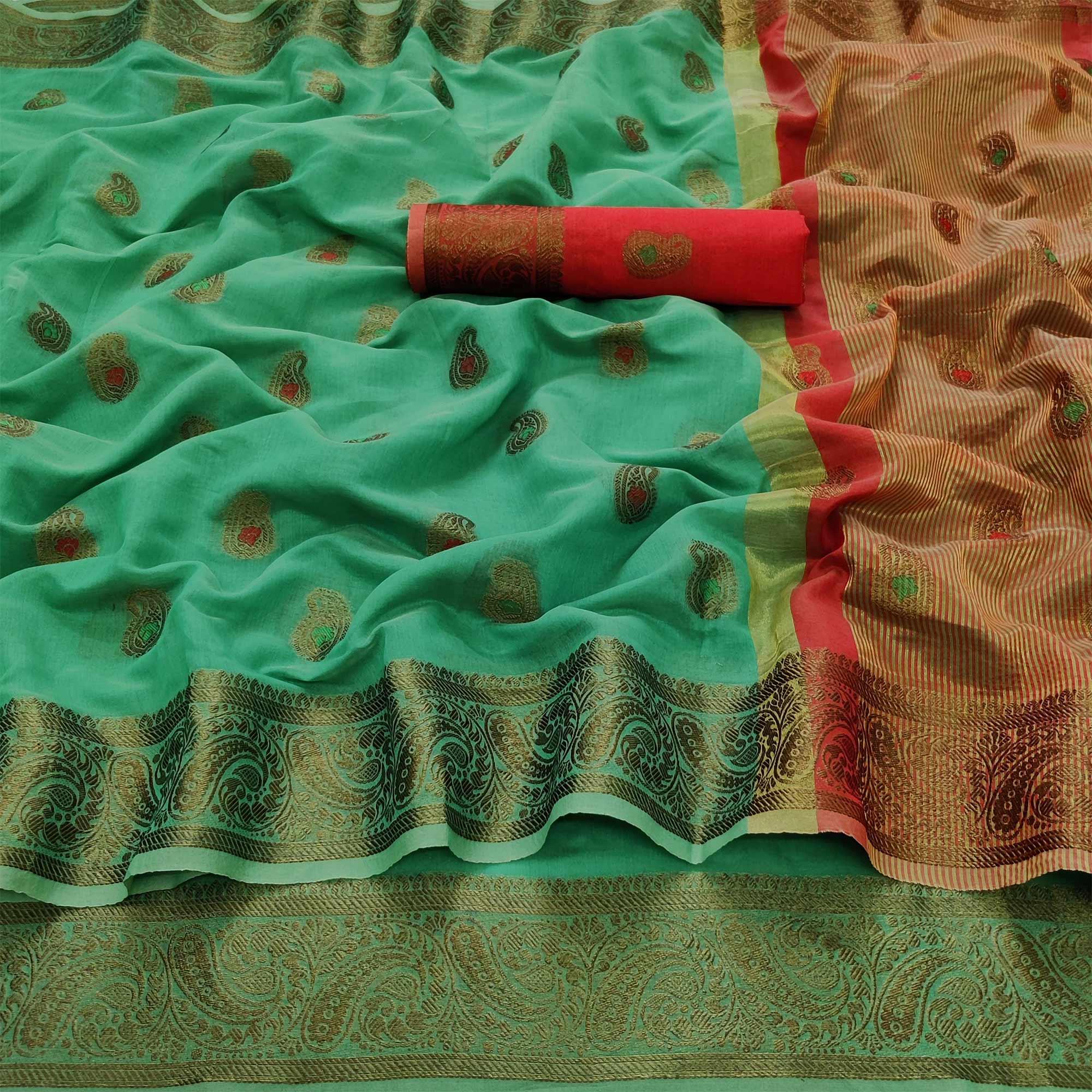 Rama Green Festive Wear Woven Border With Butta Work Cotton Saree - Peachmode