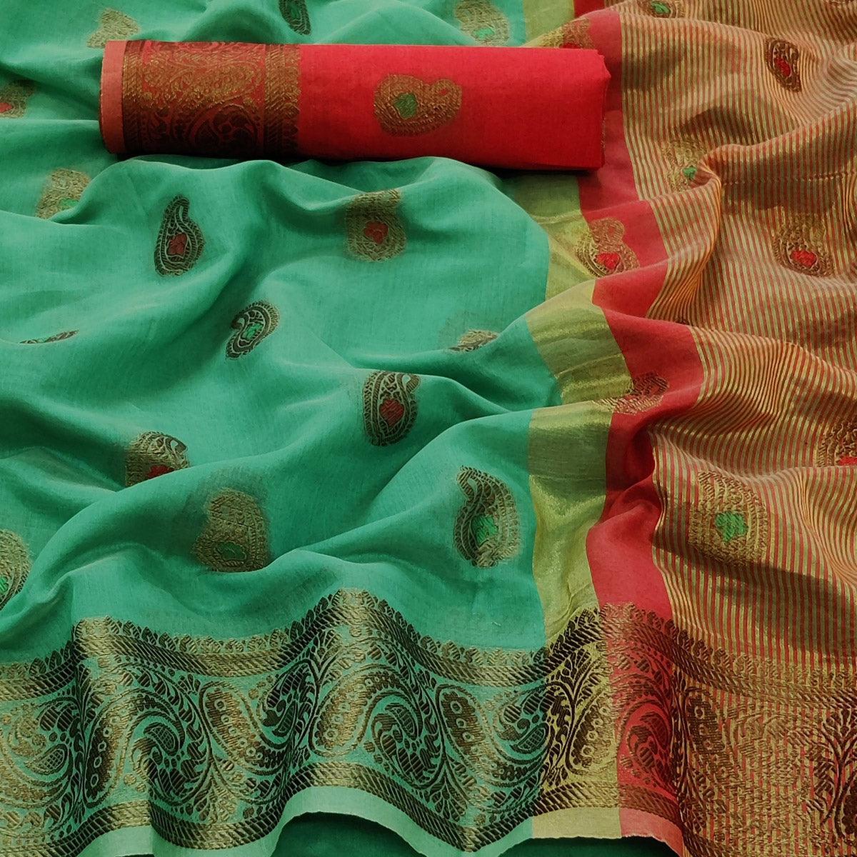 Rama Green Festive Wear Woven Border With Butta Work Cotton Saree - Peachmode
