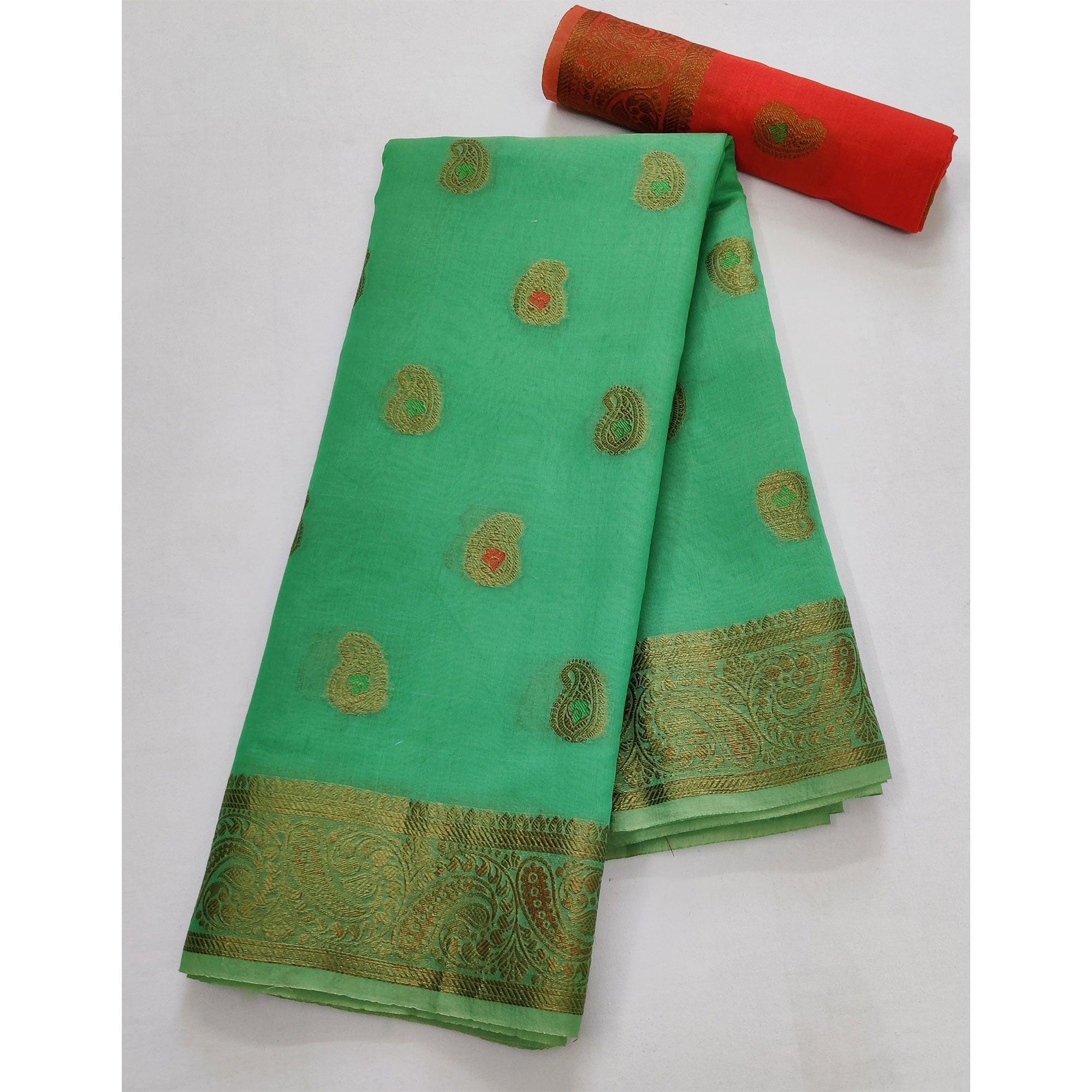 Rama Green Festive Wear Woven Border With Butta Work Cotton Saree - Peachmode