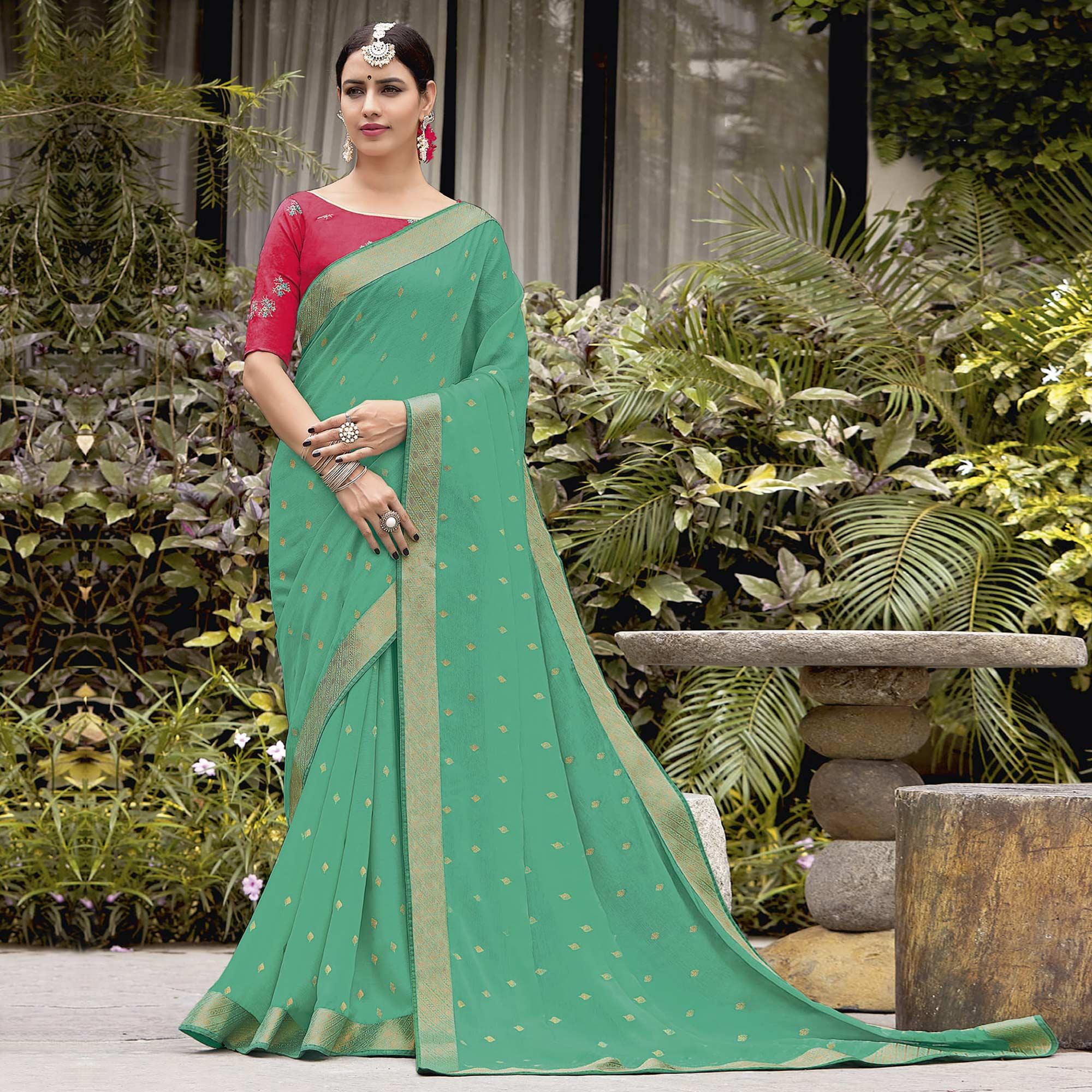 Rama Green Festive Wear Woven Chiffon Saree - Peachmode