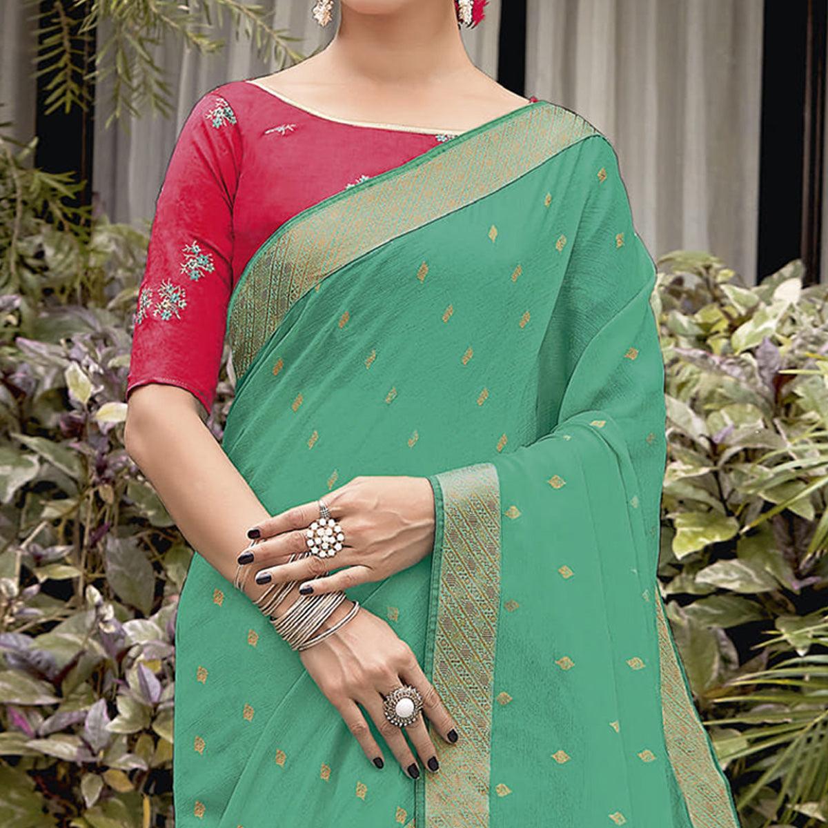 Rama Green Festive Wear Woven Chiffon Saree - Peachmode