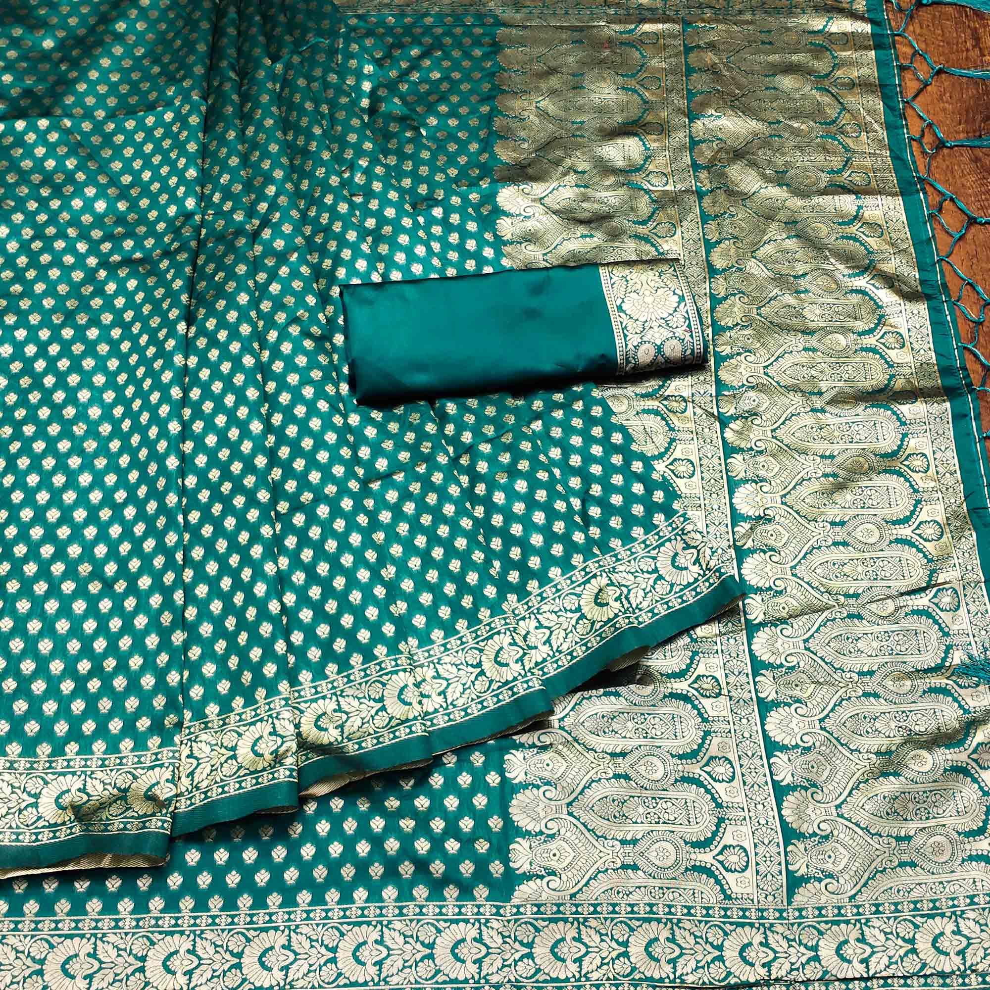 Rama Green Festive Wear Woven Cotton Silk Saree - Peachmode