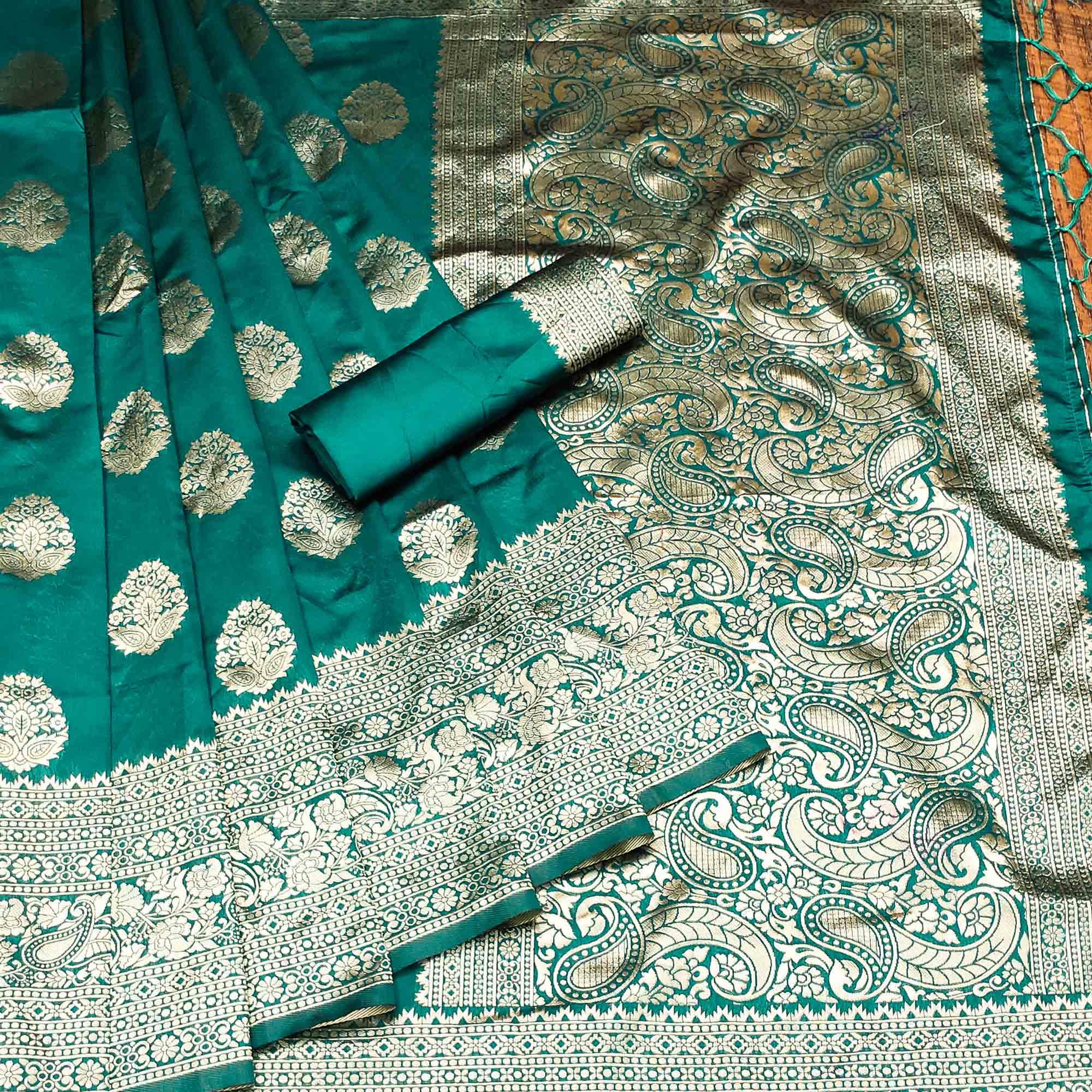 Rama Green Festive Wear Woven Cotton Silk Saree - Peachmode