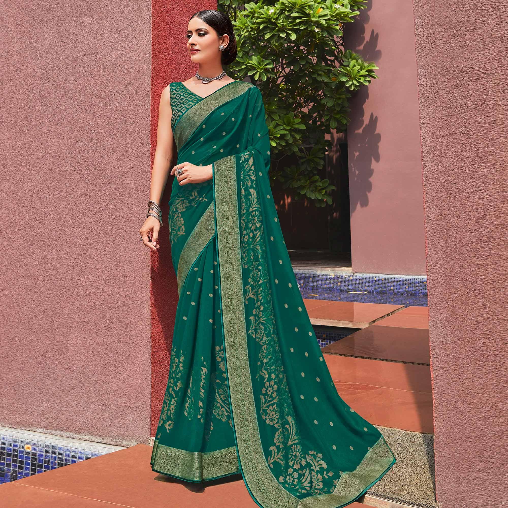 Rama Green Festive Wear Woven Georgette  Saree - Peachmode