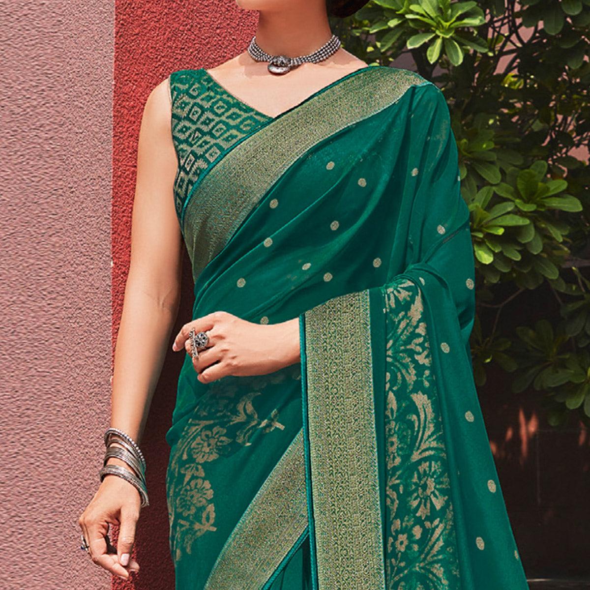 Rama Green Festive Wear Woven Georgette  Saree - Peachmode