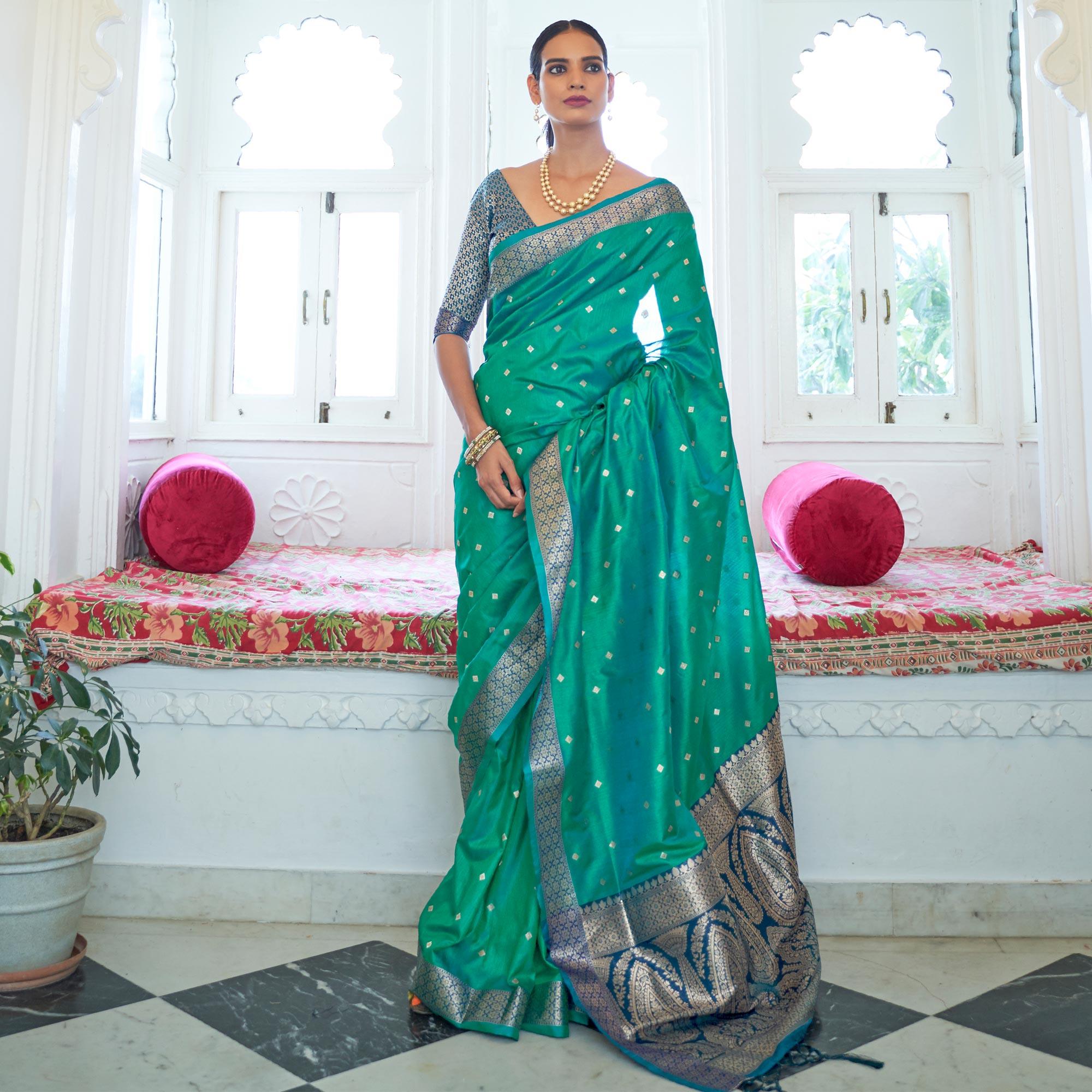 Rama Green Festive Wear Woven Handloom Silk Saree - Peachmode