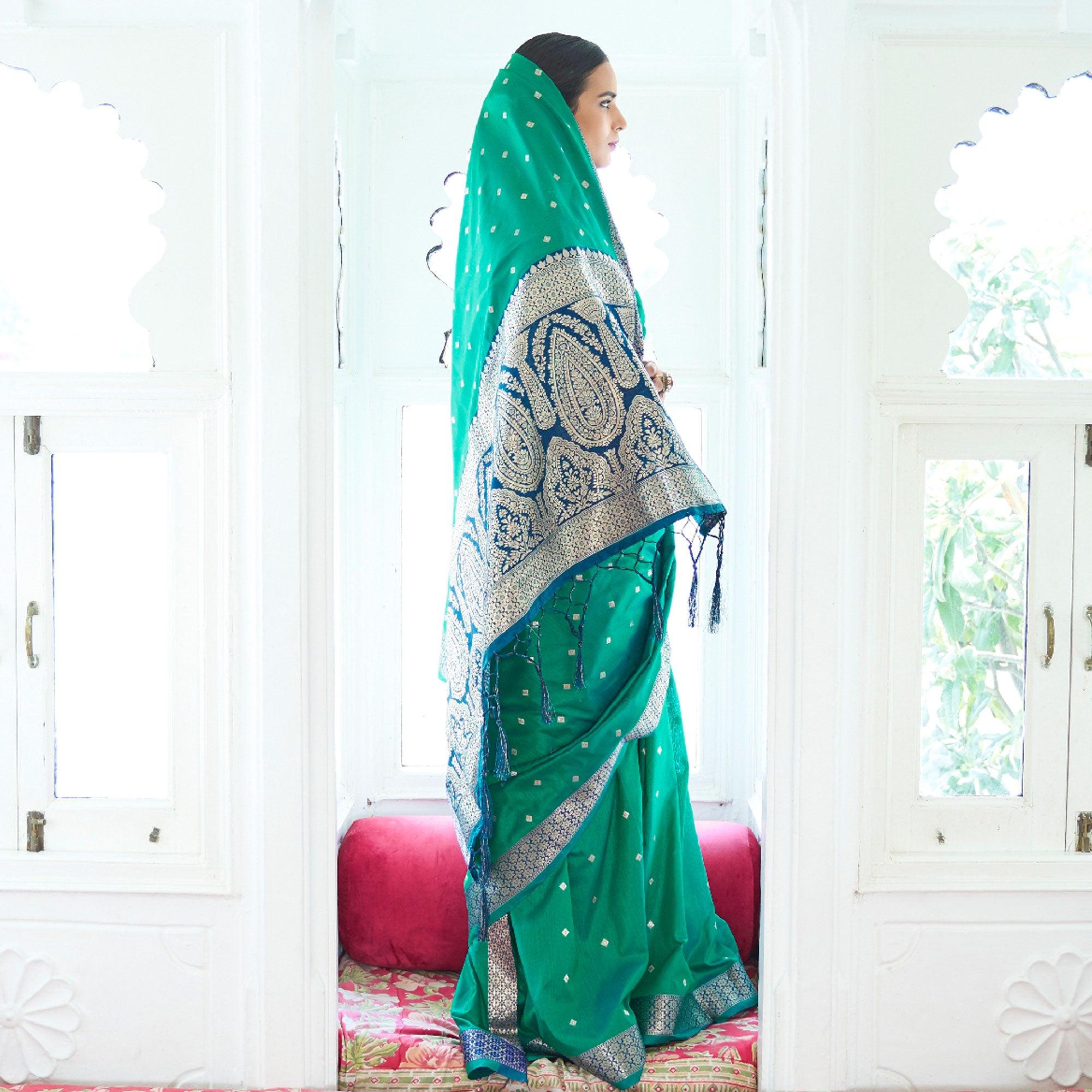 Rama Green Festive Wear Woven Handloom Silk Saree - Peachmode