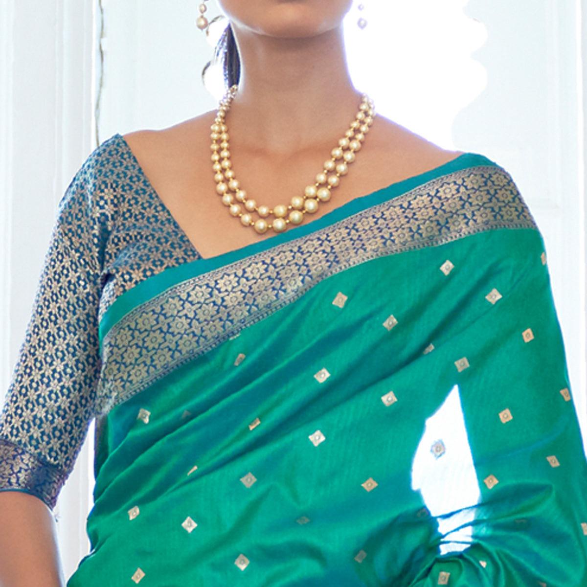 Rama Green Festive Wear Woven Handloom Silk Saree - Peachmode