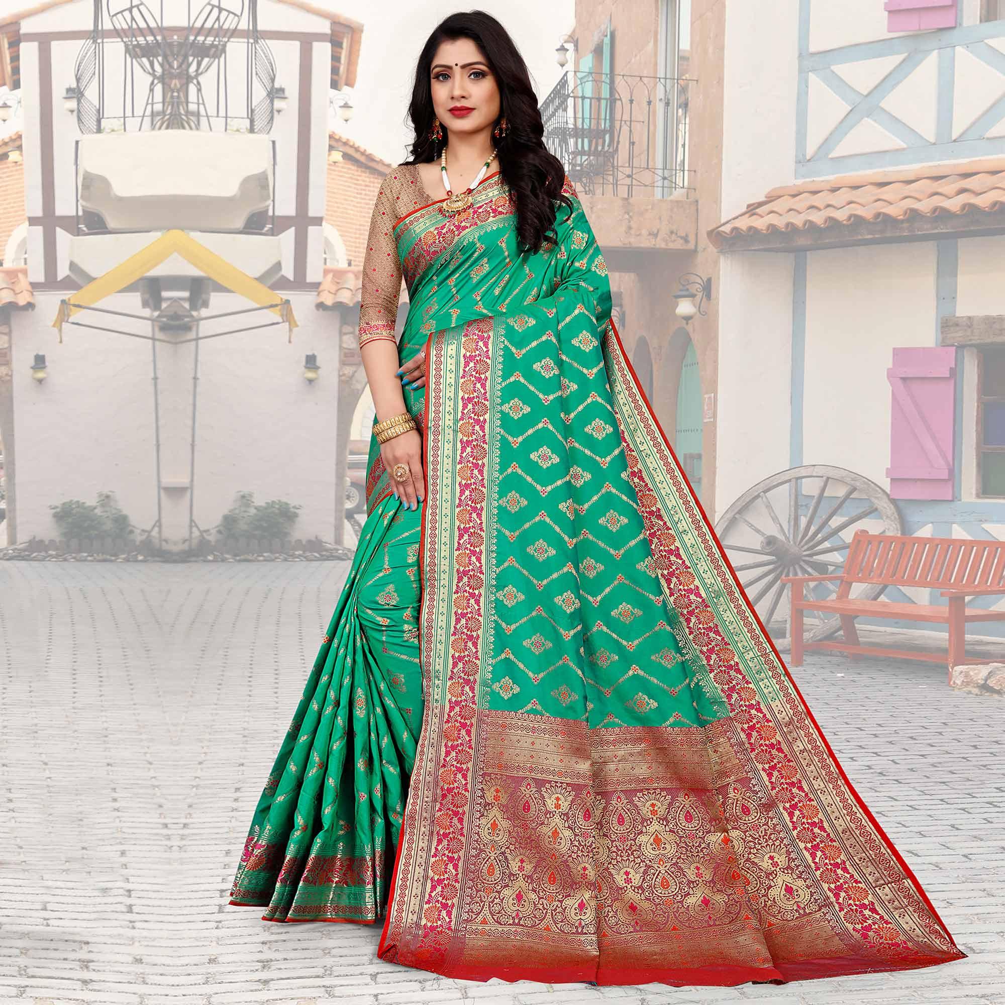 Rama Green Festive Wear Woven Silk Saree - Peachmode