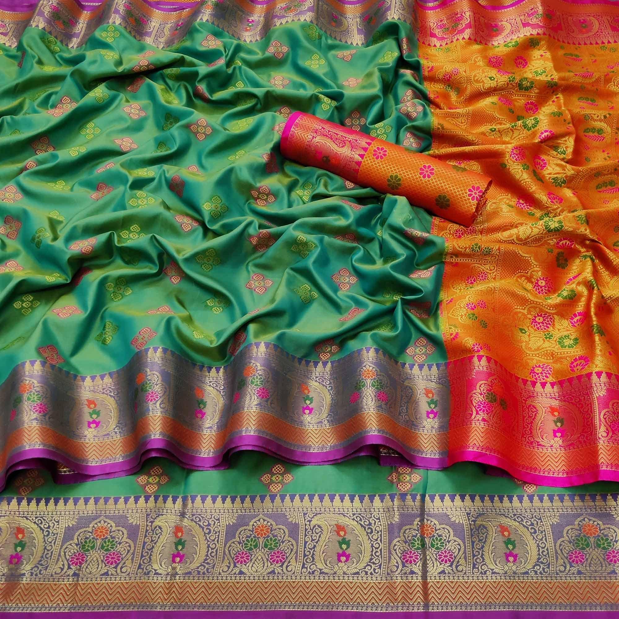 Rama Green Festive Wear Woven Soft Banarasi Silk Saree - Peachmode