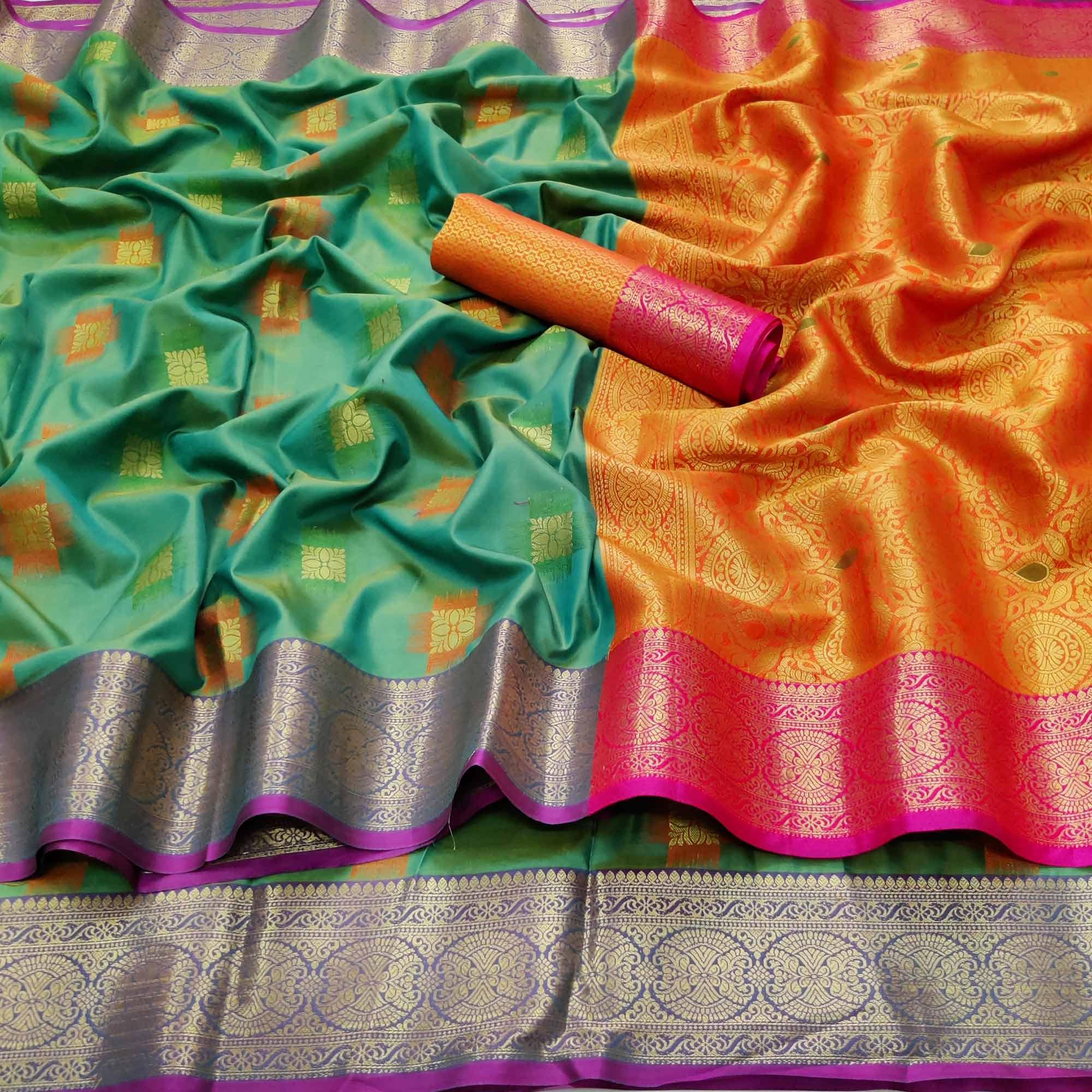 Rama Green Festive Wear Woven Soft Banarasi Silk Saree - Peachmode