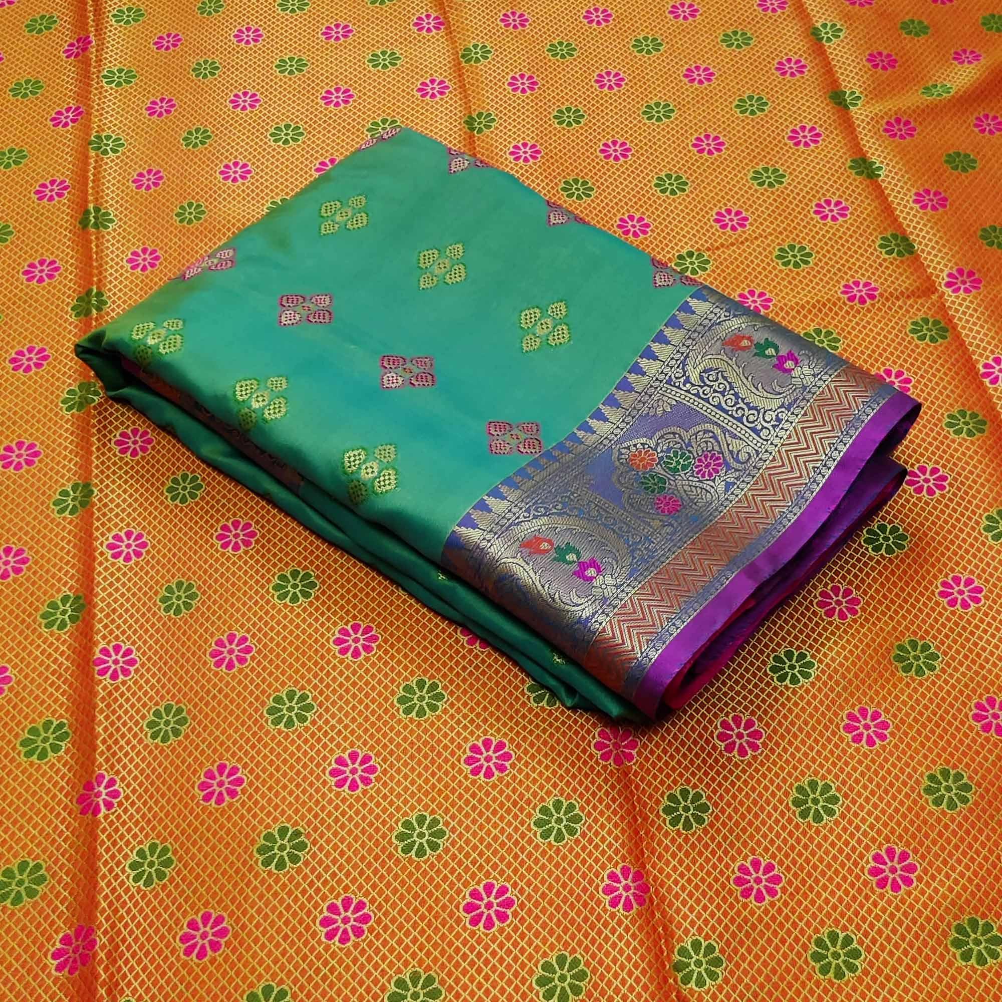Rama Green Festive Wear Woven Soft Banarasi Silk Saree - Peachmode