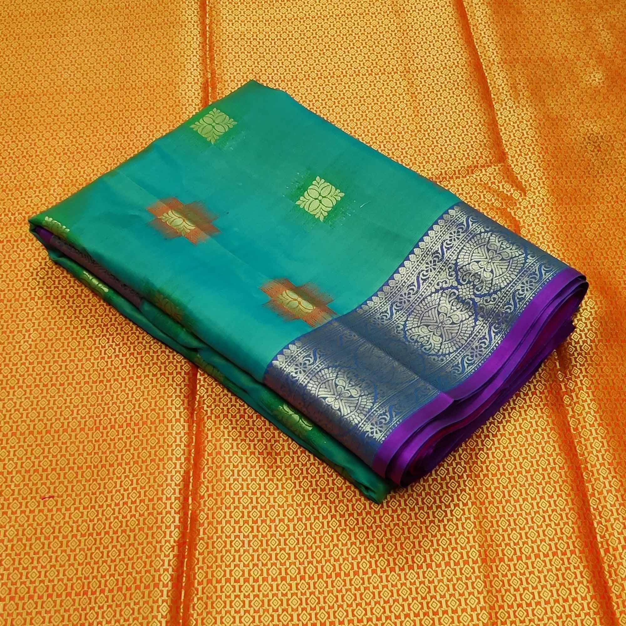 Rama Green Festive Wear Woven Soft Banarasi Silk Saree - Peachmode