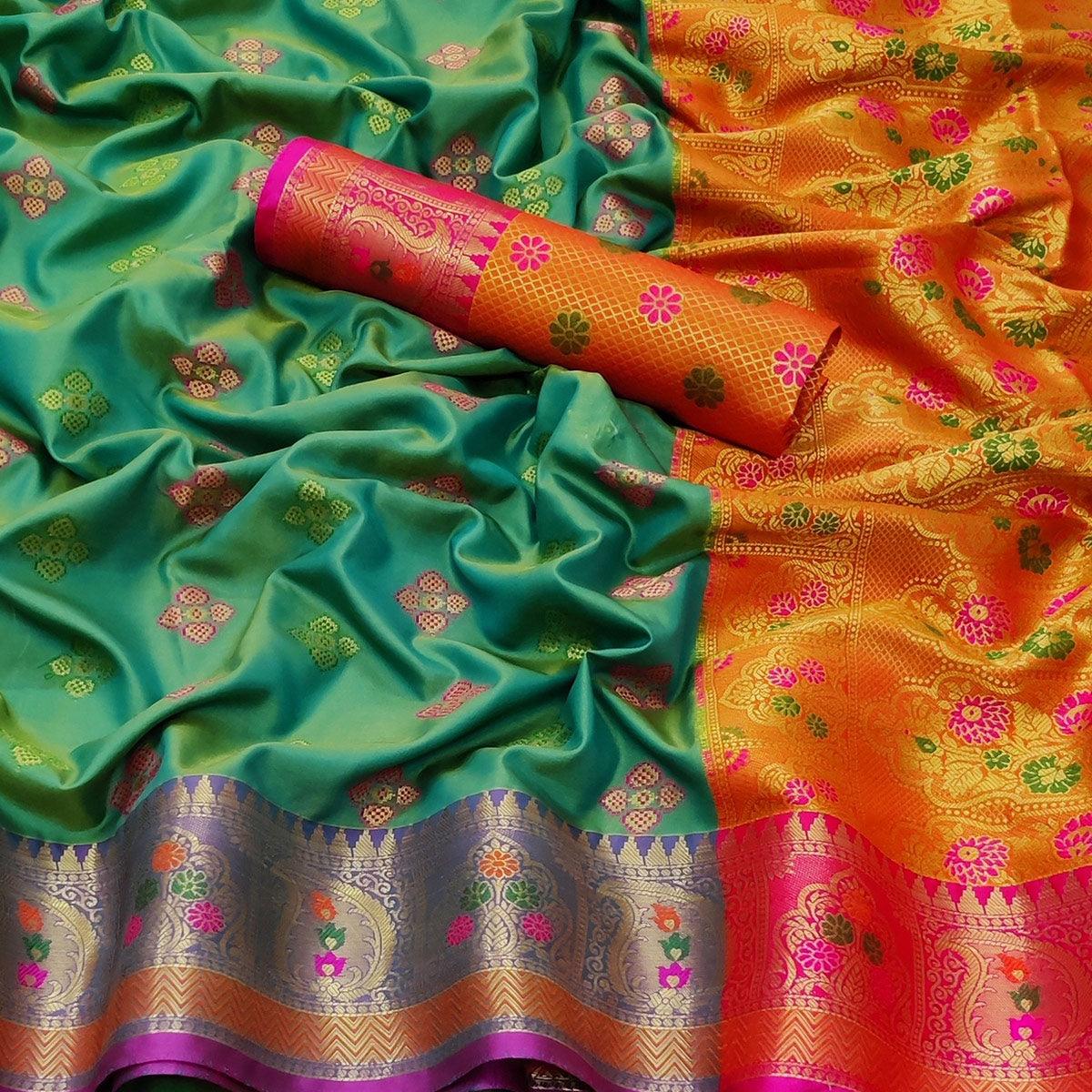 Rama Green Festive Wear Woven Soft Banarasi Silk Saree - Peachmode