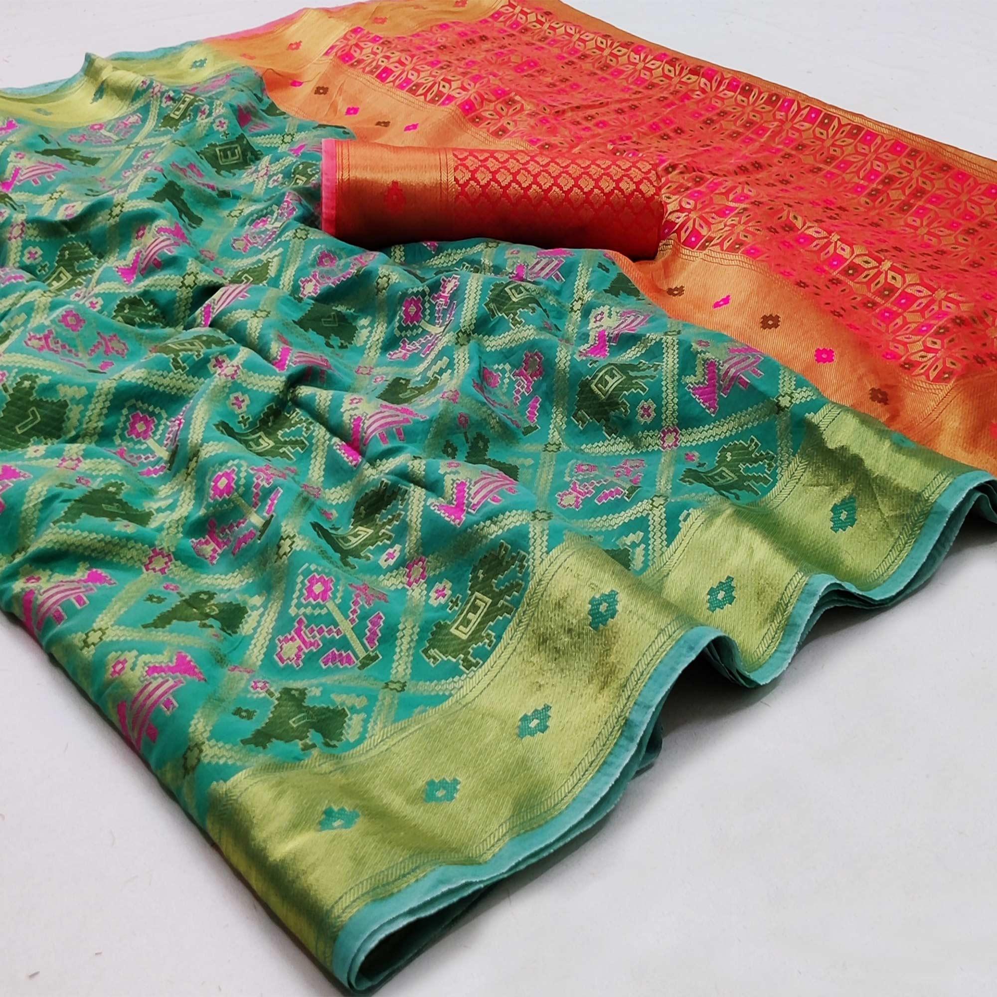 Rama Green Festive Wear Woven Soft Silk Saree - Peachmode