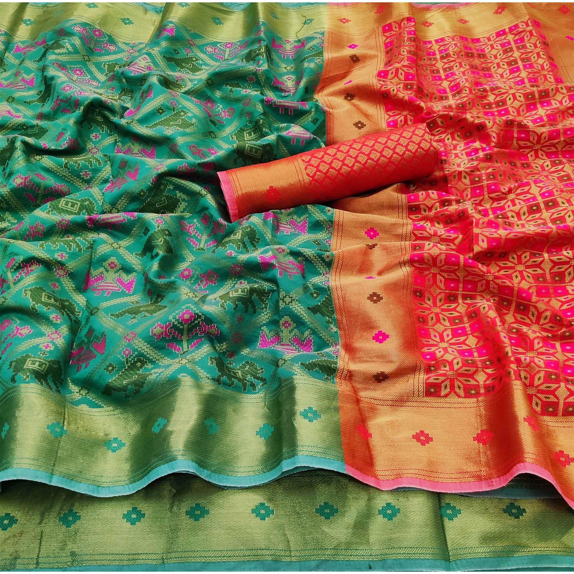 Rama Green Festive Wear Woven Soft Silk Saree - Peachmode