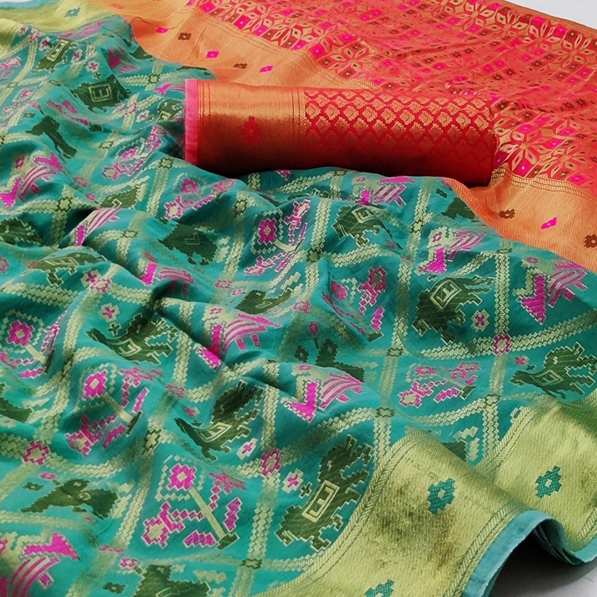 Rama Green Festive Wear Woven Soft Silk Saree - Peachmode