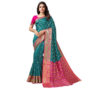 Rama Green Festive Wear Woven Soft Silk Saree With Jacquard Border - Peachmode