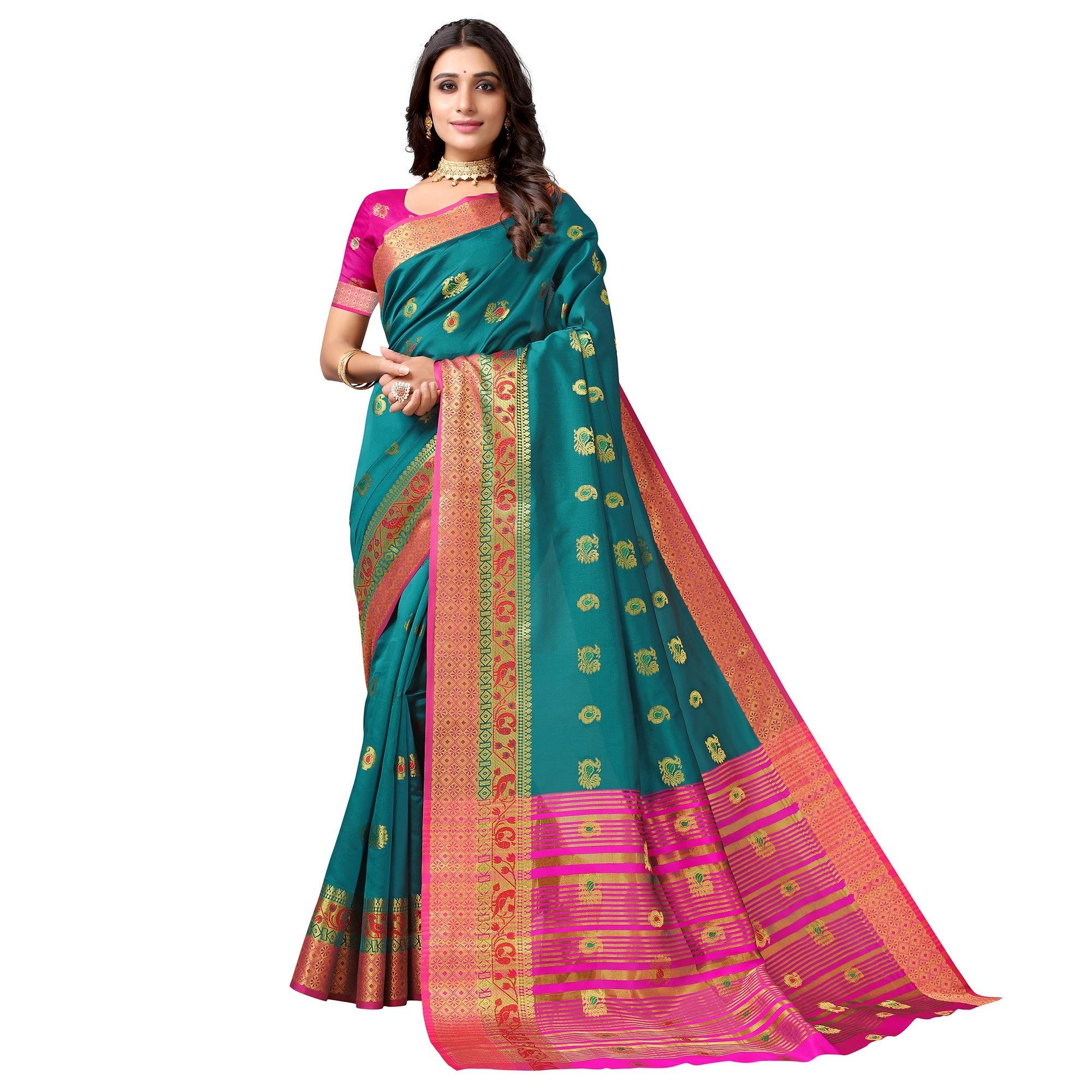 Rama Green Festive Wear Woven Soft Silk Saree With Jacquard Border - Peachmode