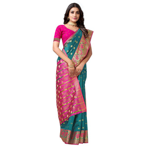 Rama Green Festive Wear Woven Soft Silk Saree With Jacquard Border - Peachmode