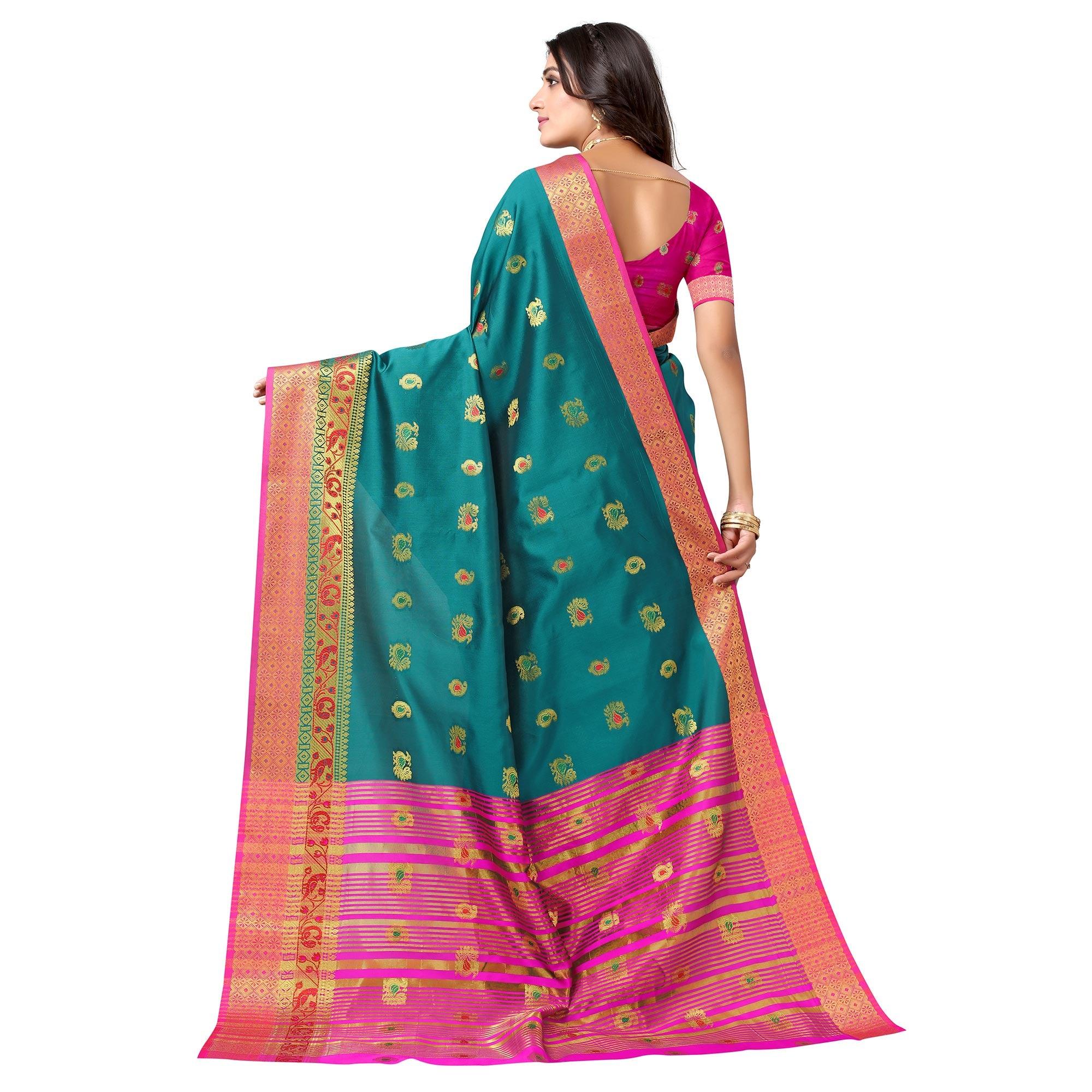 Rama Green Festive Wear Woven Soft Silk Saree With Jacquard Border - Peachmode
