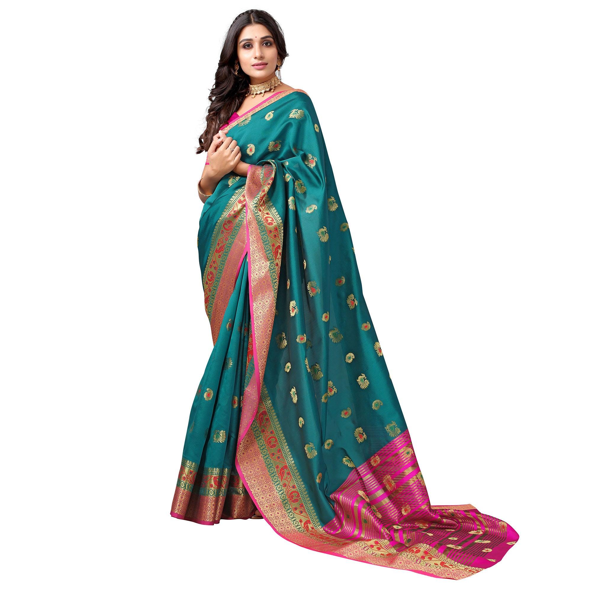 Rama Green Festive Wear Woven Soft Silk Saree With Jacquard Border - Peachmode