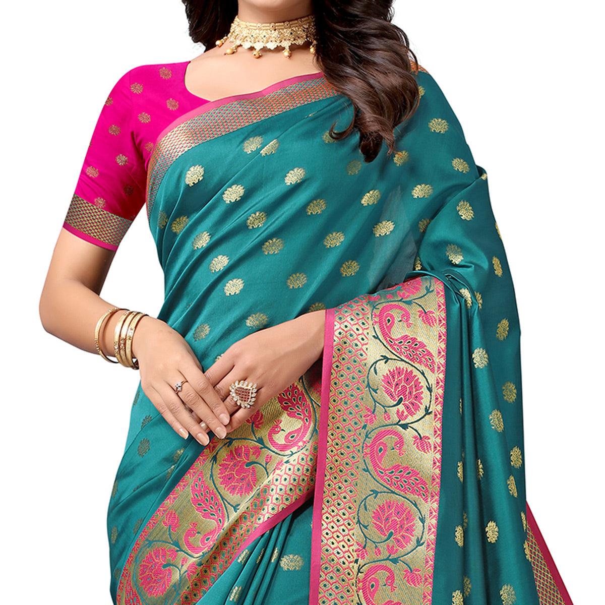 Rama Green Festive Wear Woven Soft Silk Saree With Jacquard Border - Peachmode