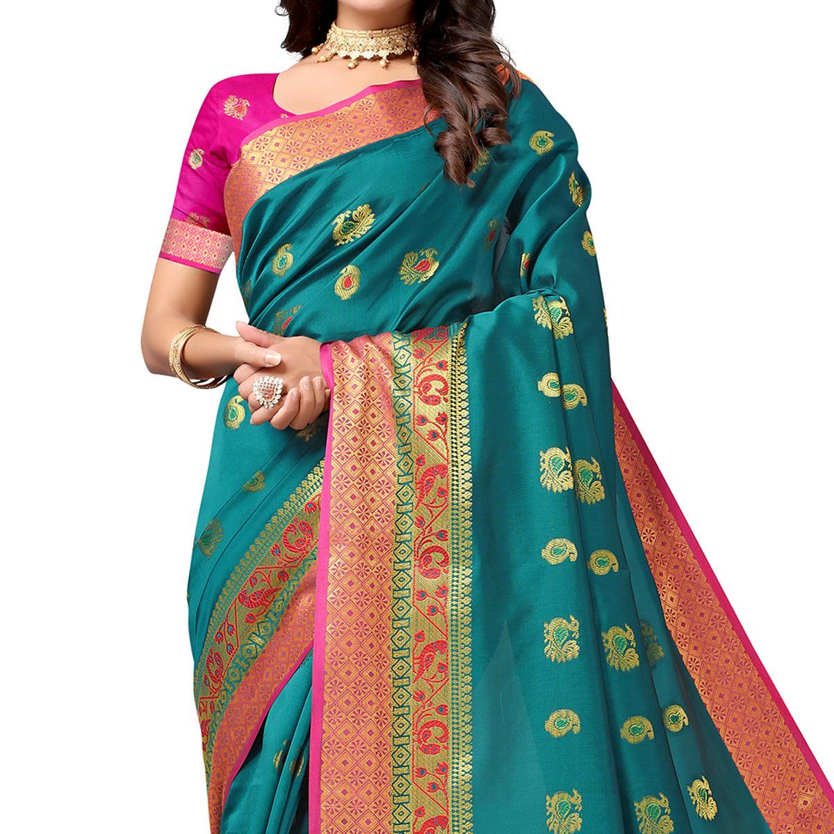 Rama Green Festive Wear Woven Soft Silk Saree With Jacquard Border - Peachmode
