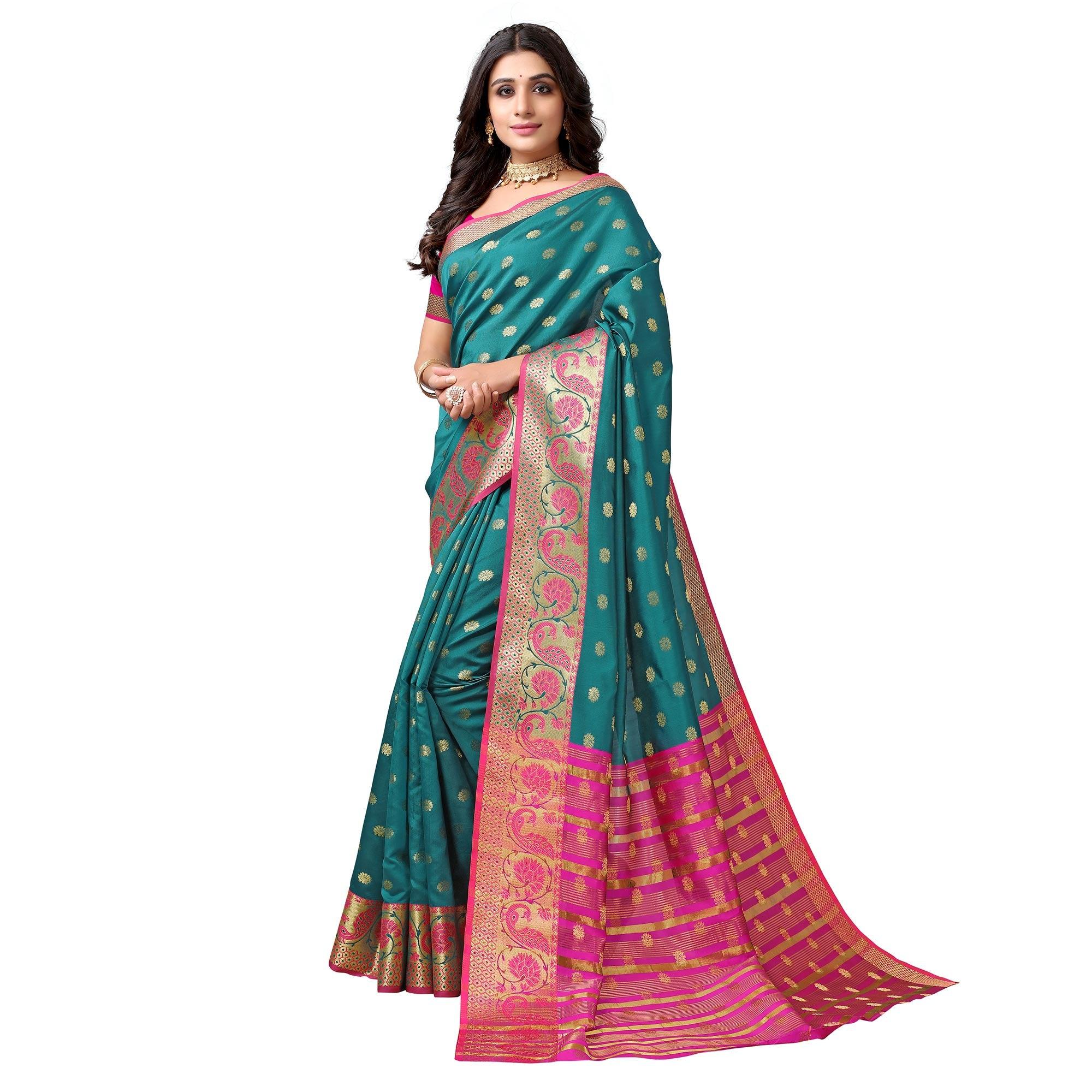 Rama Green Festive Wear Woven Soft Silk Saree With Jacquard Border - Peachmode