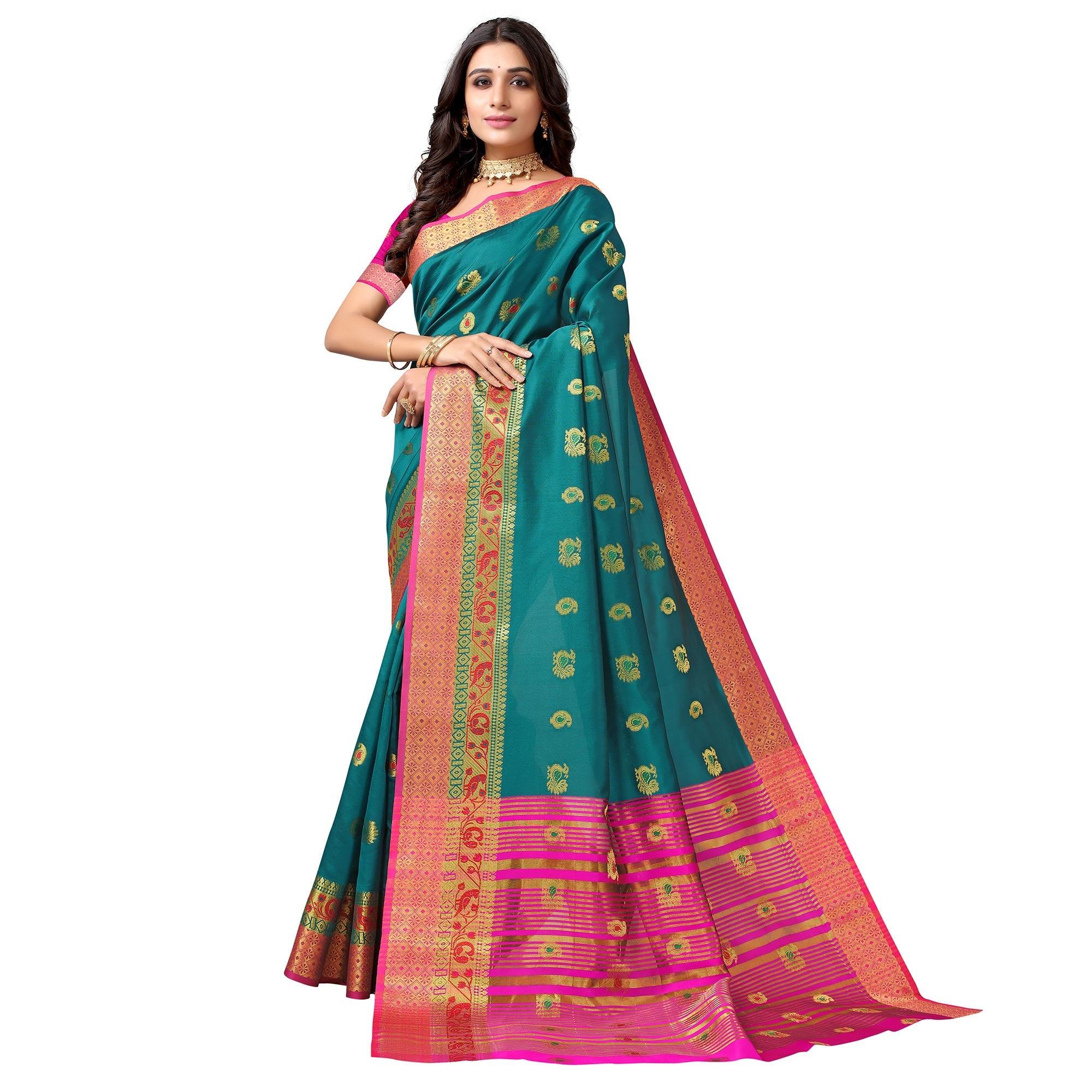 Rama Green Festive Wear Woven Soft Silk Saree With Jacquard Border - Peachmode