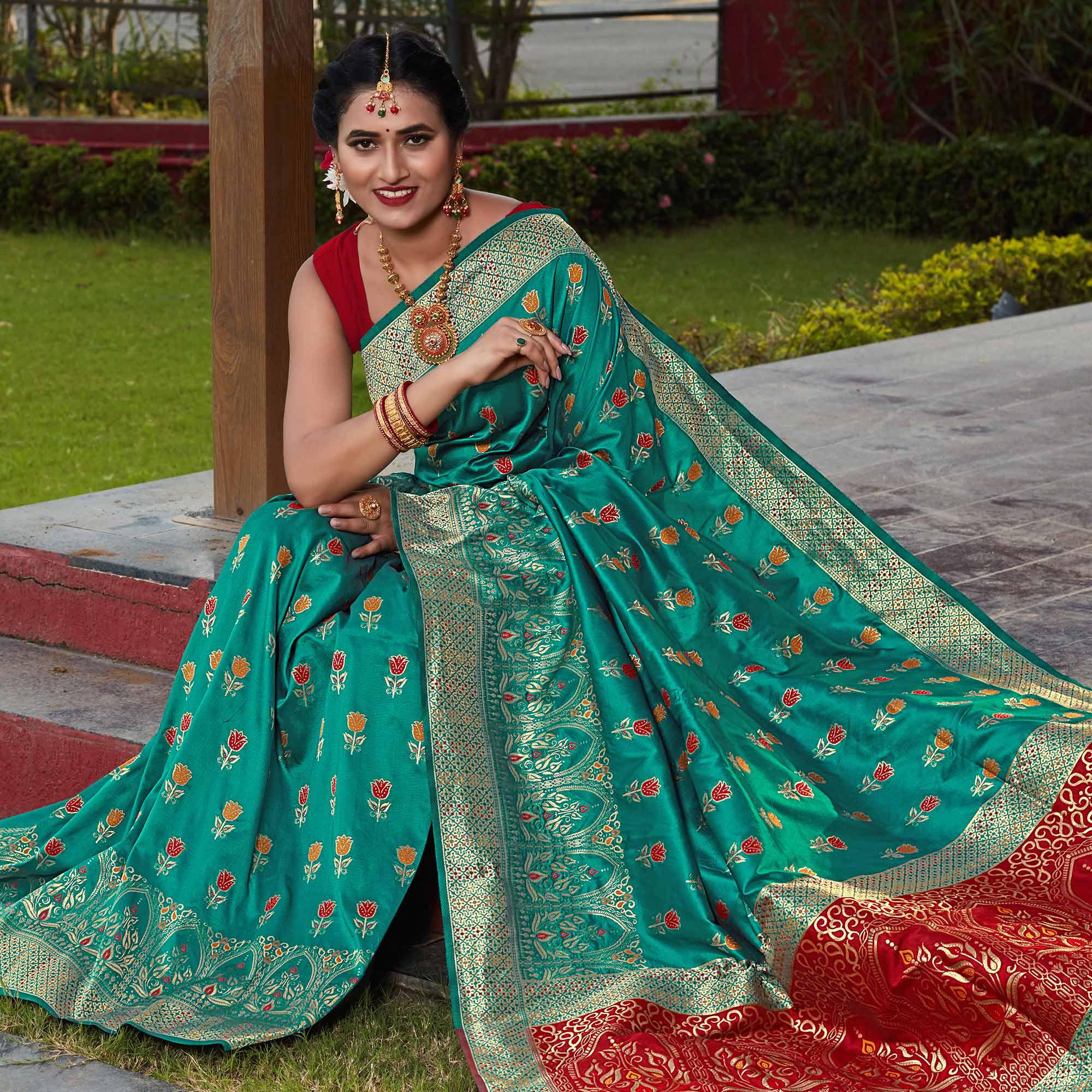 Rama Green Festive Wear Woven With Meena Rappier Lichi Silk Saree - Peachmode