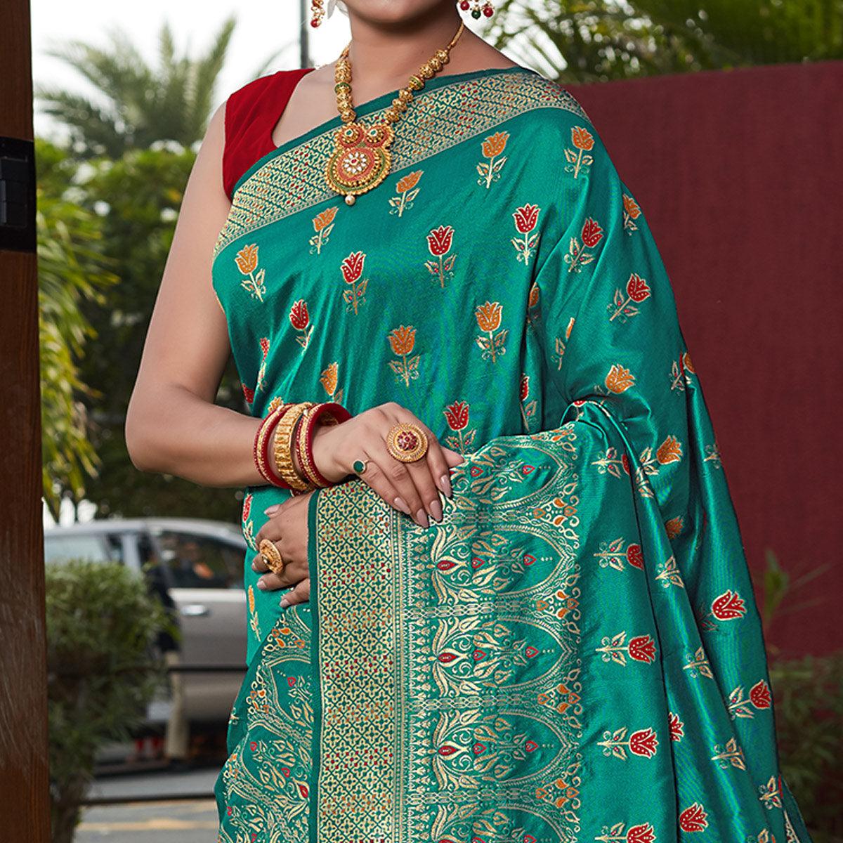 Rama Green Festive Wear Woven With Meena Rappier Lichi Silk Saree - Peachmode